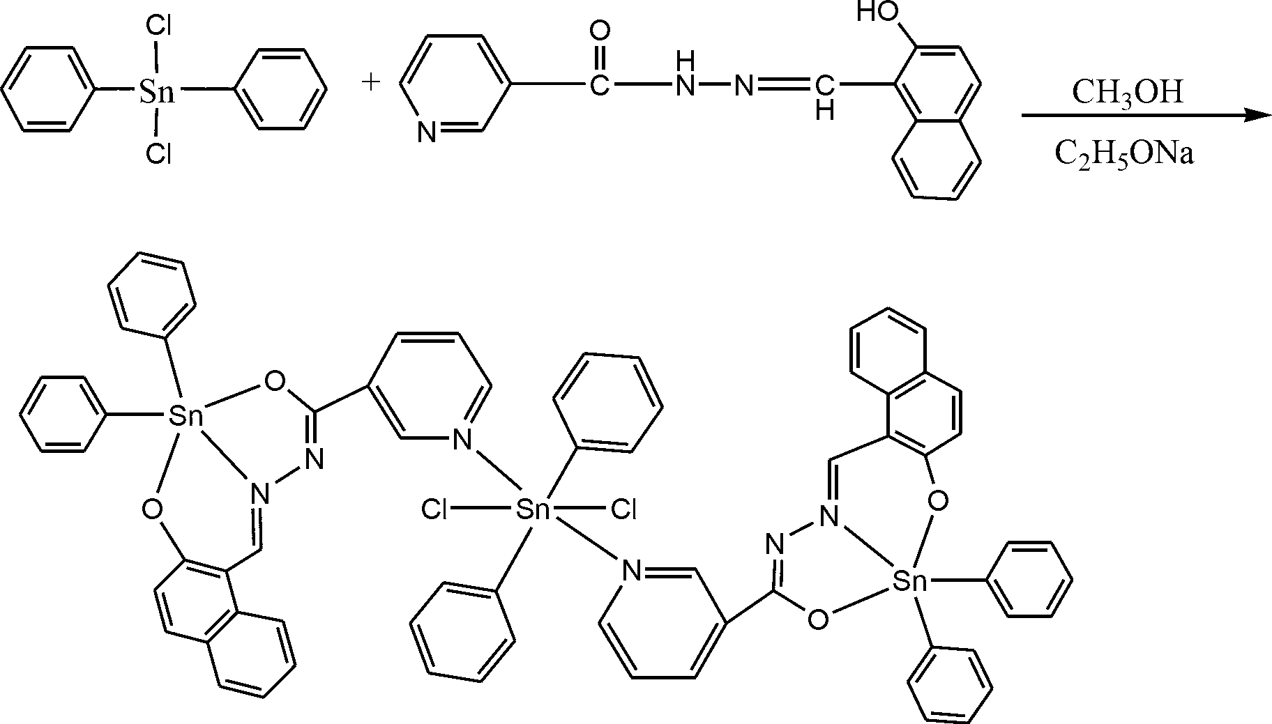 Dichlorodiphenyl-stannane complex and preparation method and application thereof