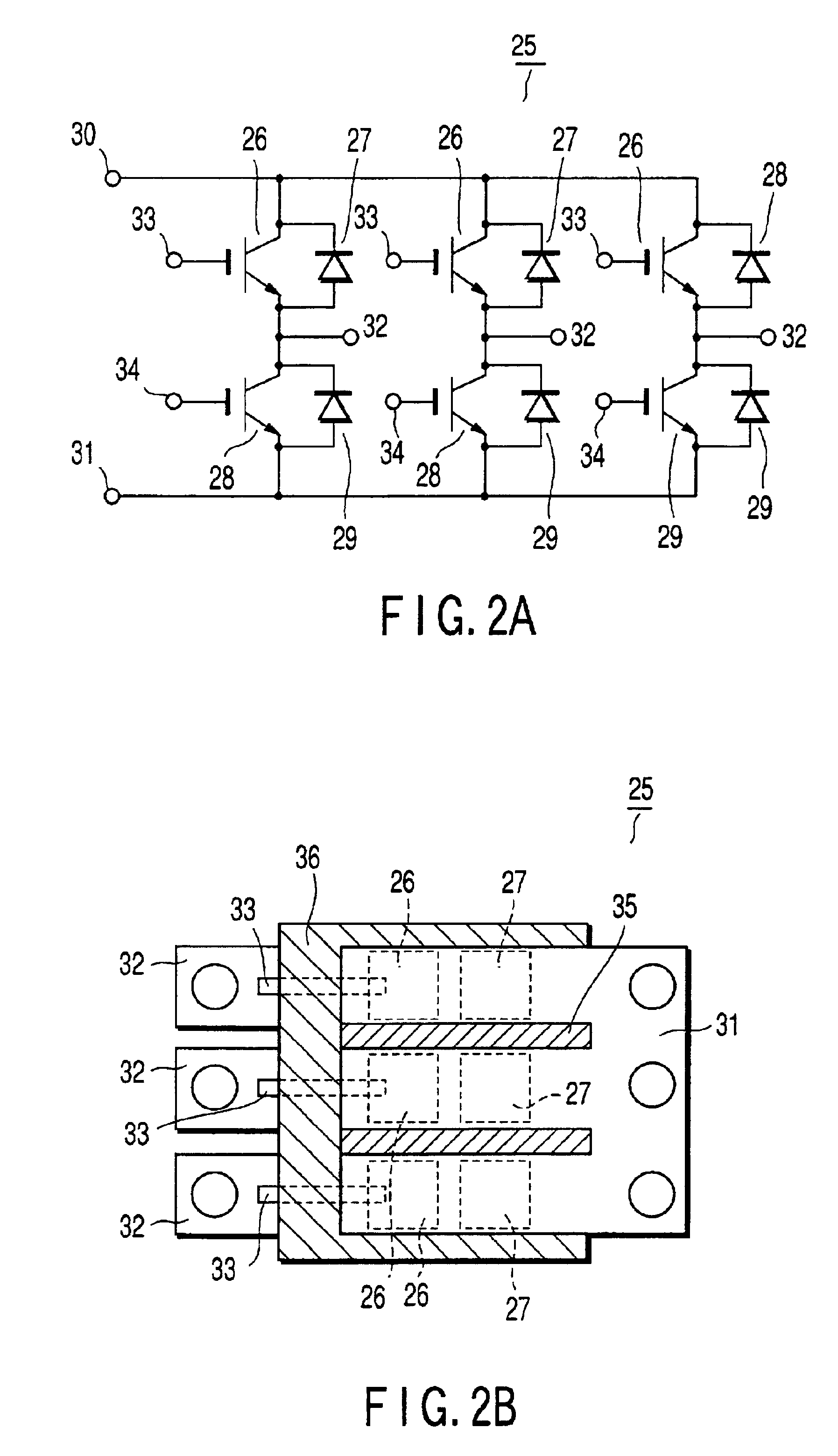 Semiconductor device having at least three power terminals superposed on each other