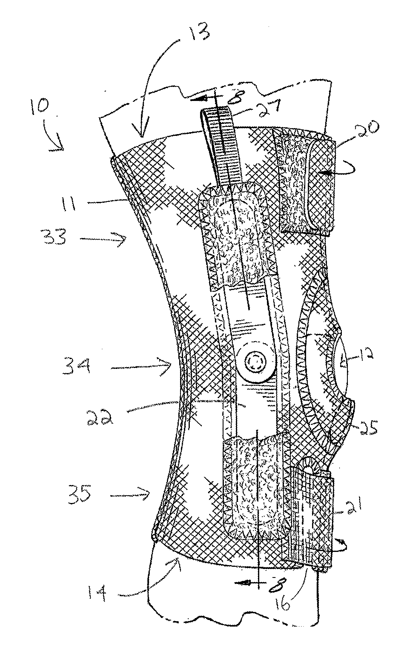 Knee support device having adjustable openings at opposing ends