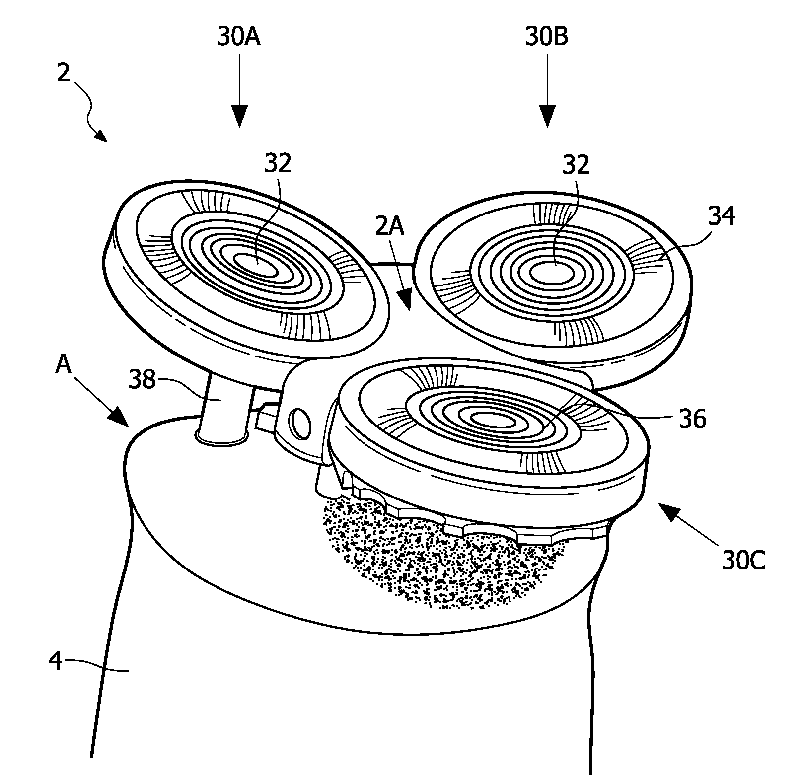 Rotary shaver with improved support structure for shaving heads