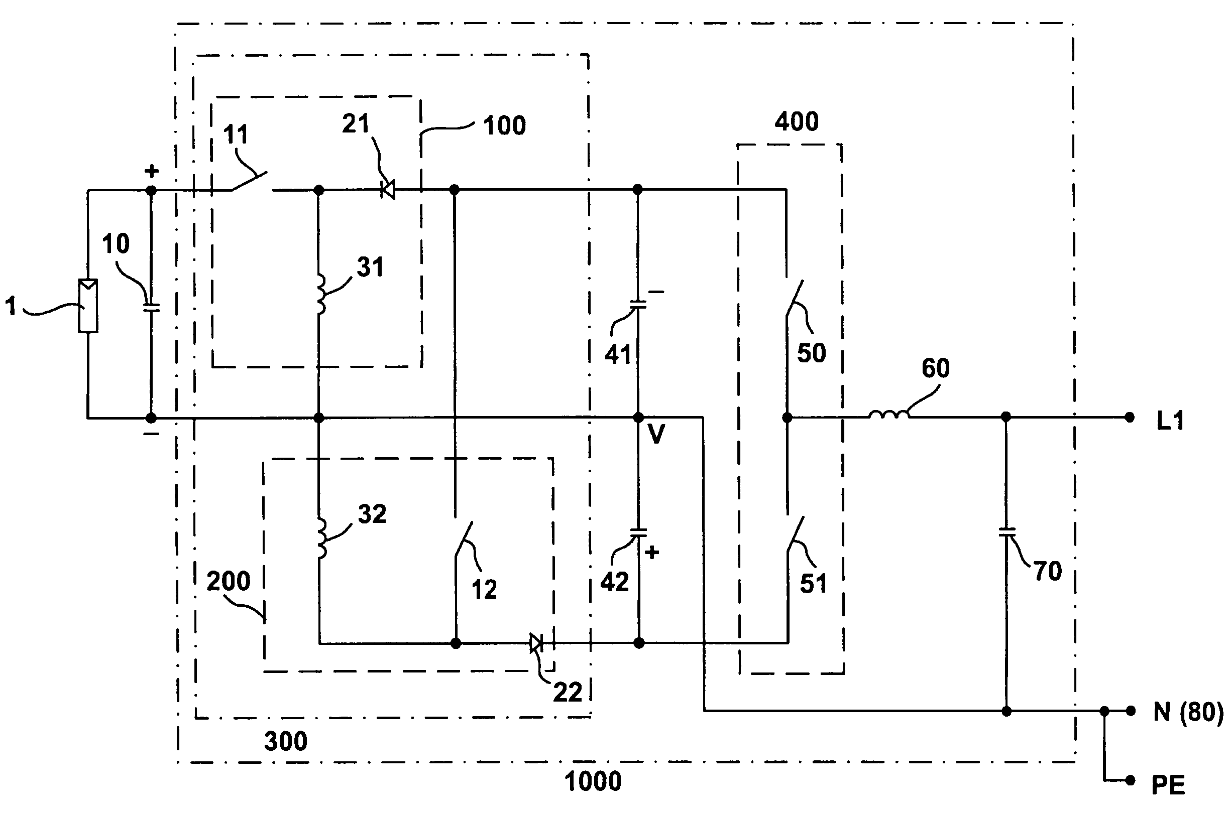 Circuit apparatus for transformerless conversion of an electric direct voltage into an alternating voltage