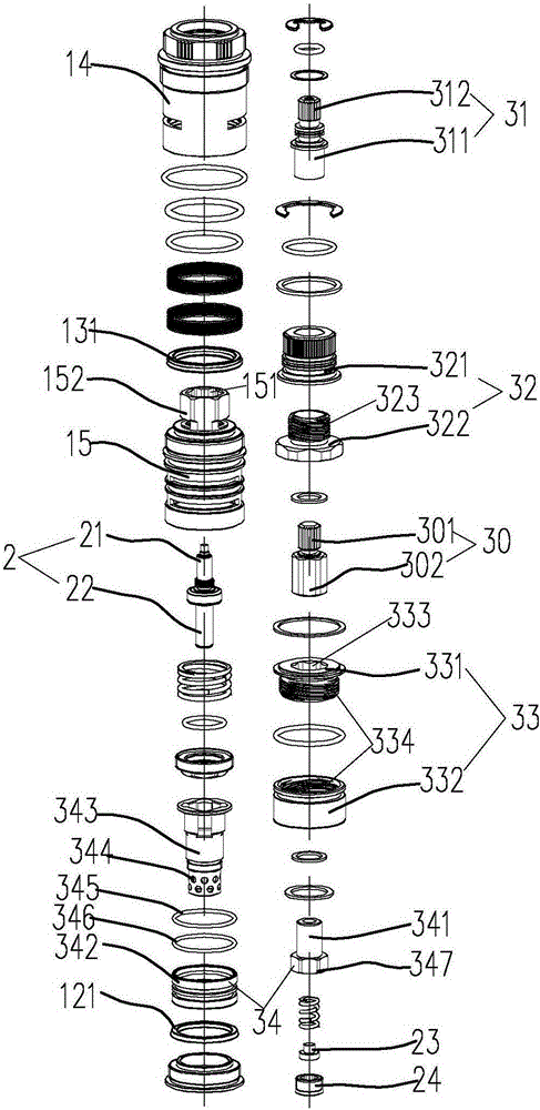 Double-handle coaxial temperature control valve element