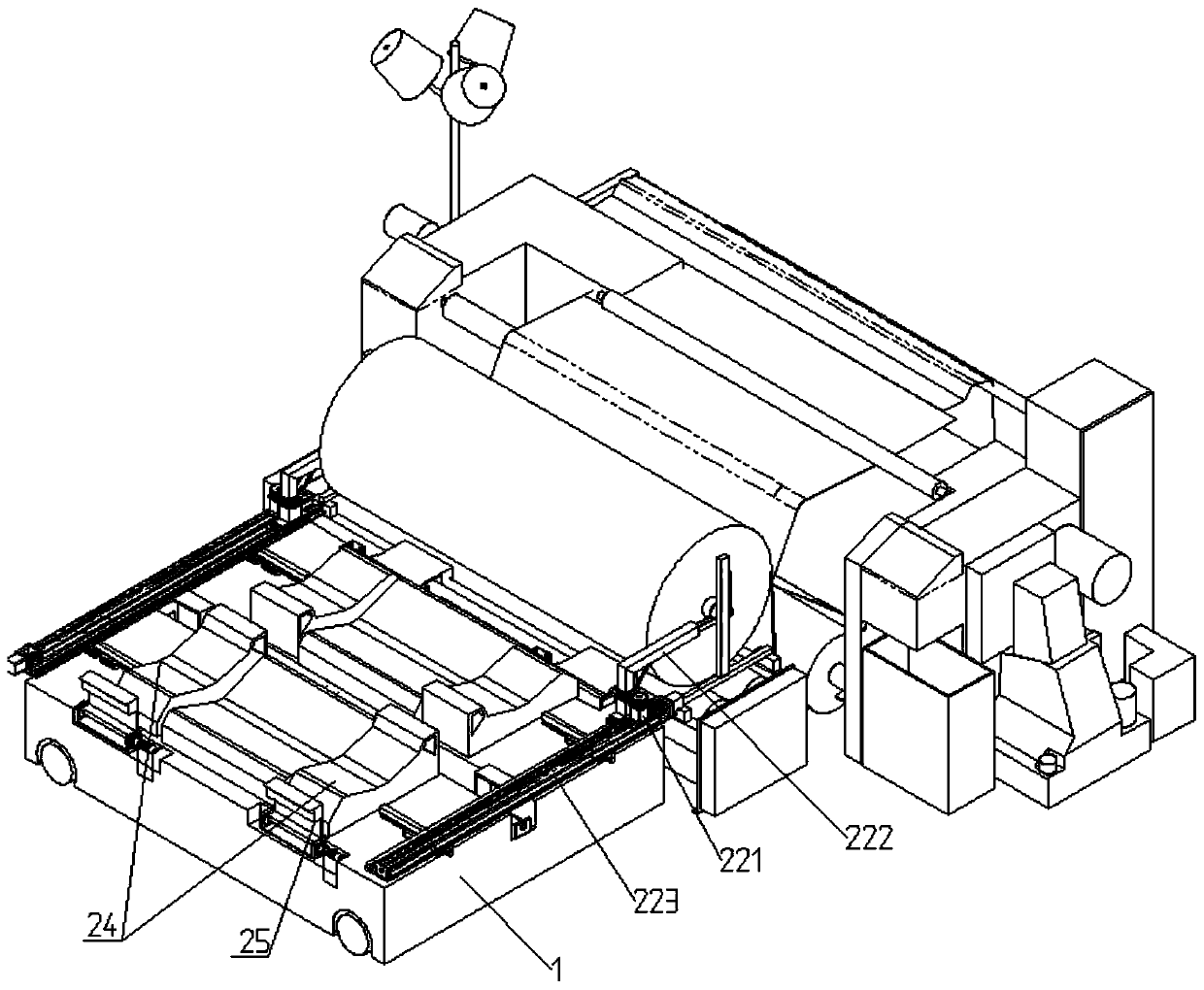 Drag type cropping robot trolley for large cloth roll