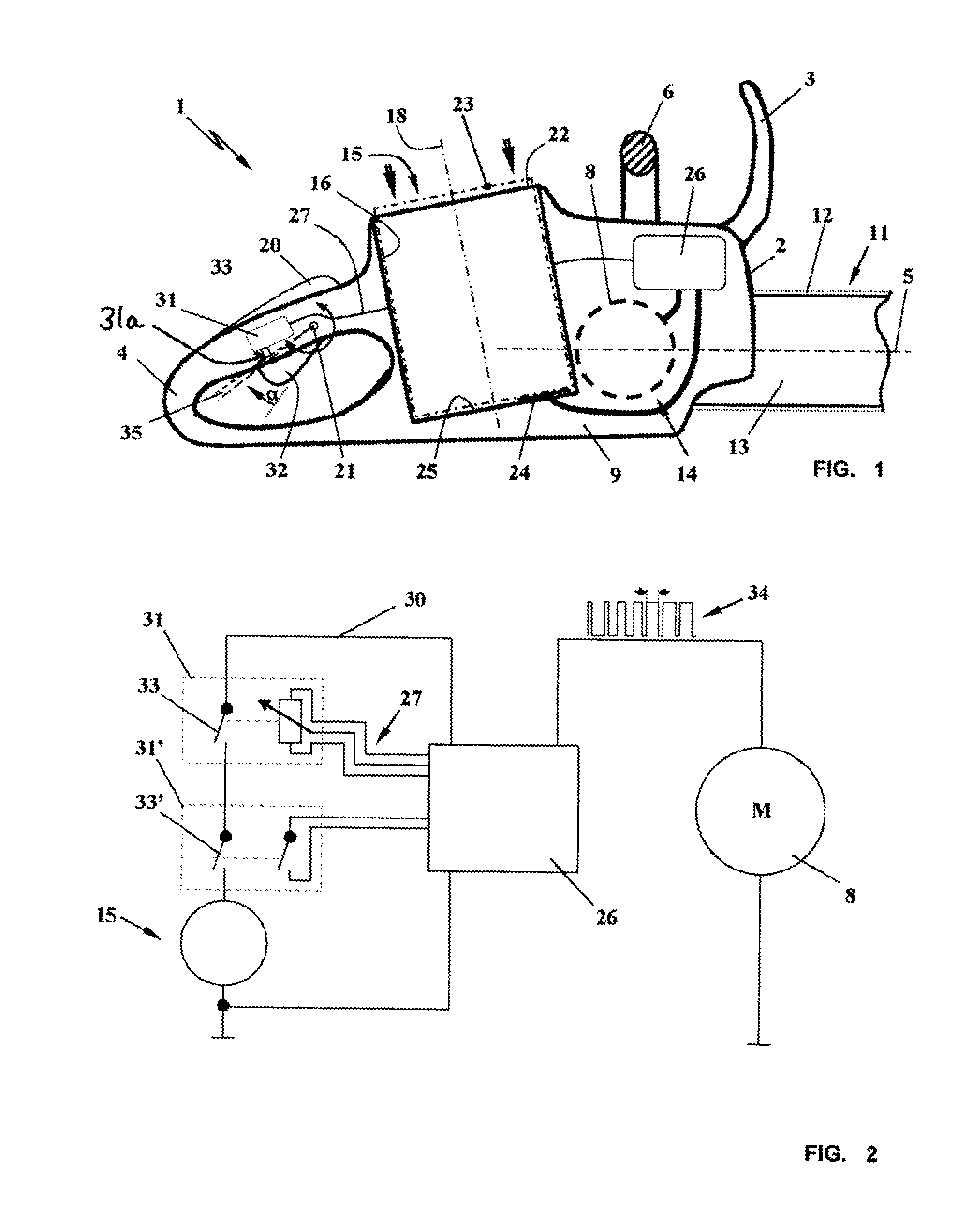 Battery pack-operated hand-guided power tool with throttle lever