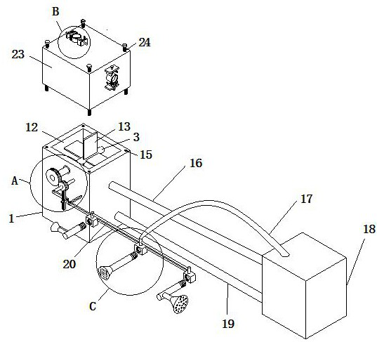 A dust-reducing spray device and construction method attached to lifting scaffolding