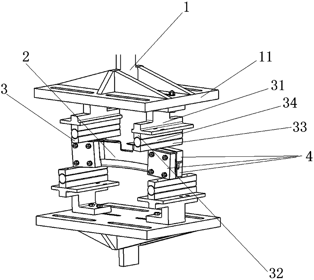 A four-point bending test method and device for an asymmetric fuselage bulkhead