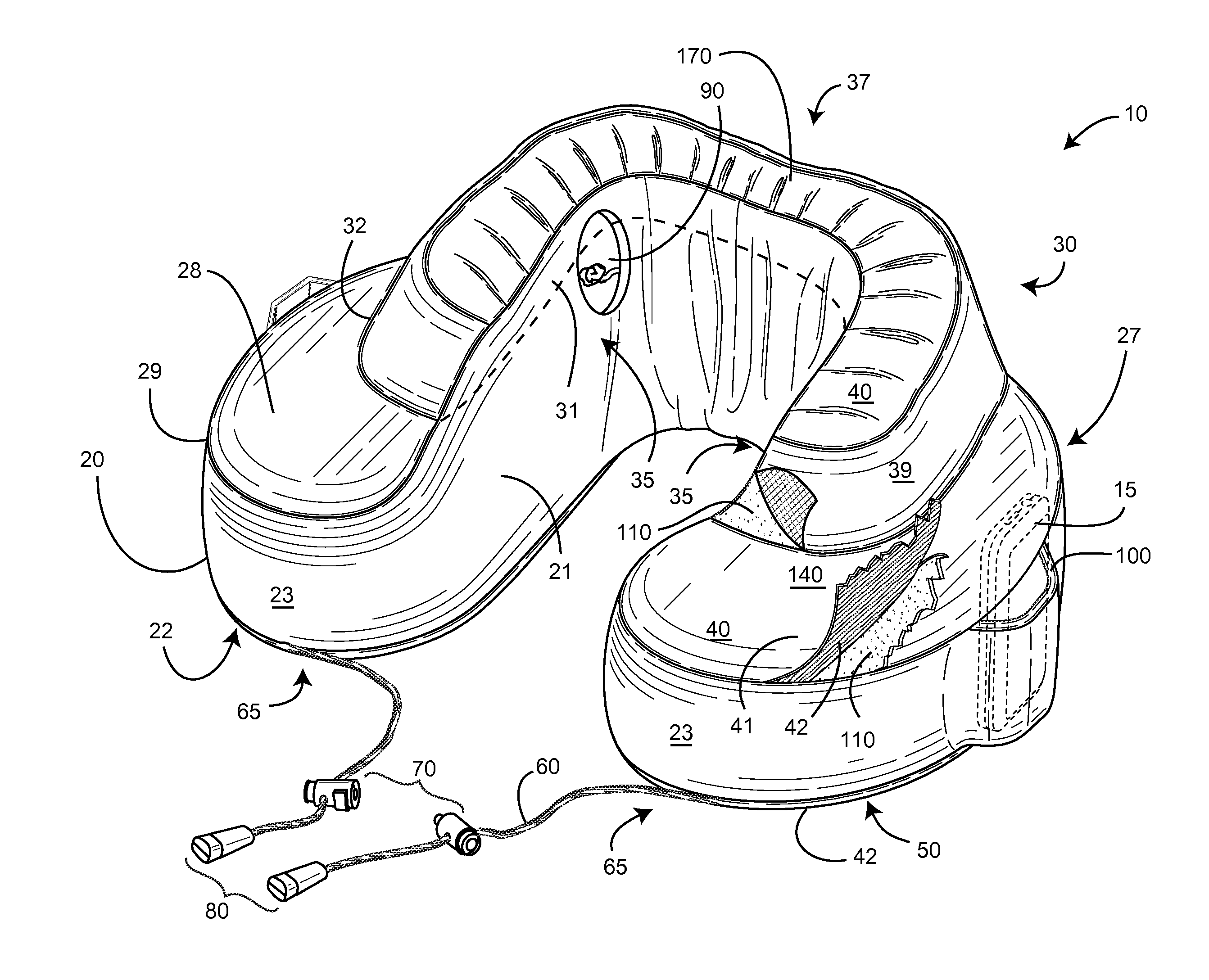 Travel pillow with lateral and rear support bar and a flat and thin back