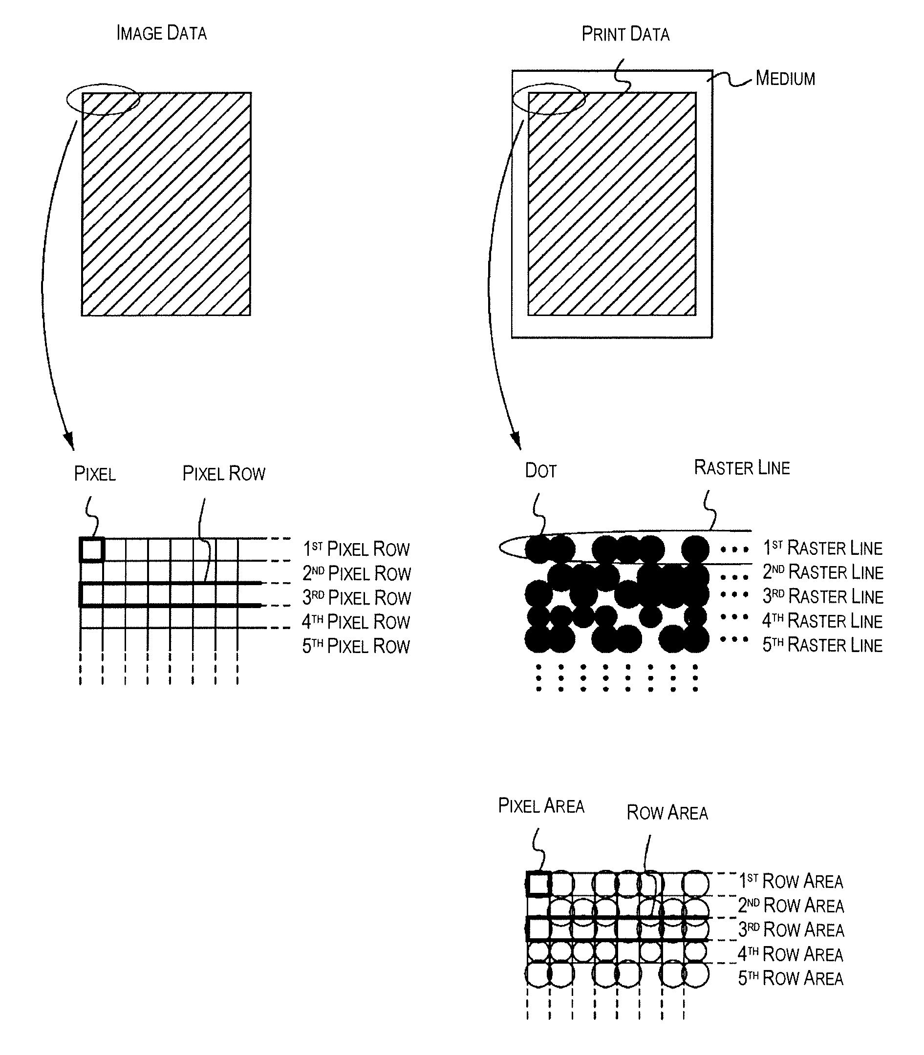 Line printing device and method performing color conversion and halftoning on image data subjected to correction based on correction vectors associated with a pixel row and reference color