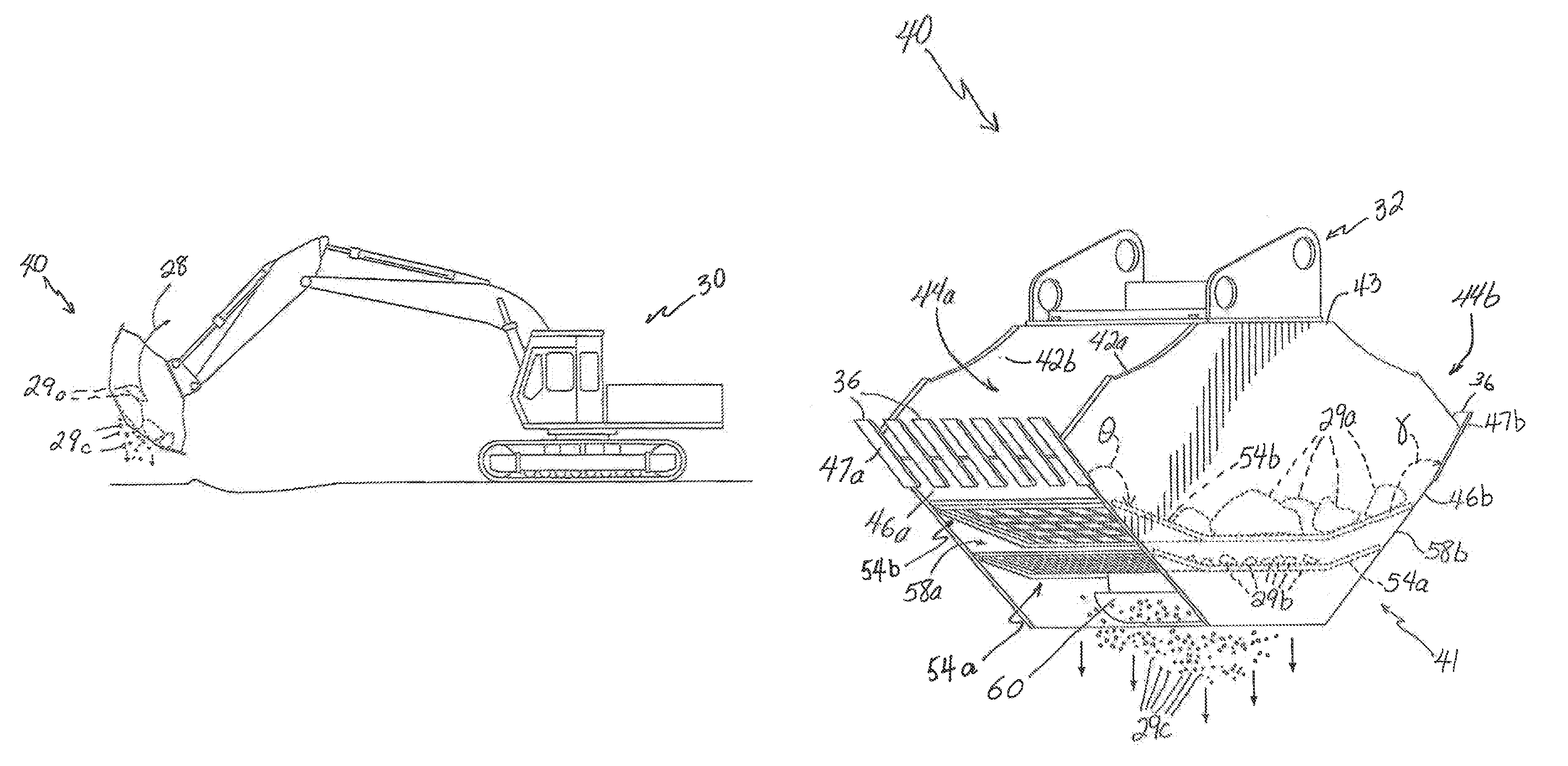 Excavating machinery with bucket for screening and/or mixing excavated material