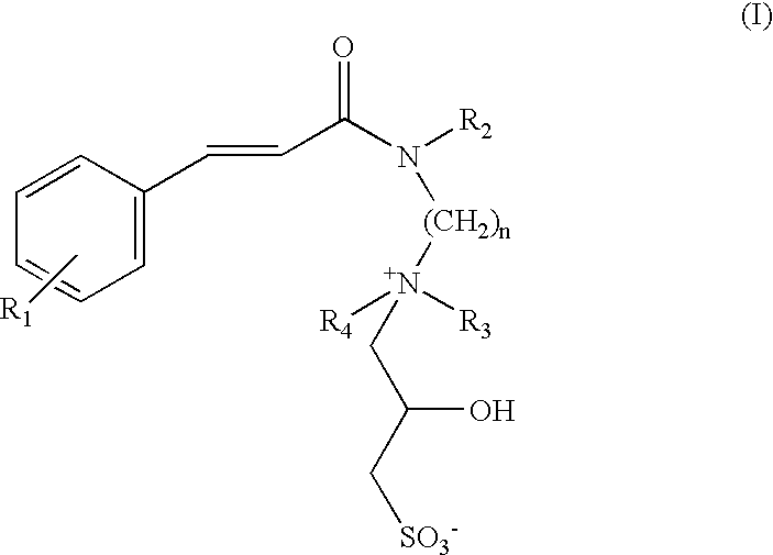 Substantive water-soluble 2-hydroxy sulfobetaines of cinnamidoalkylamines