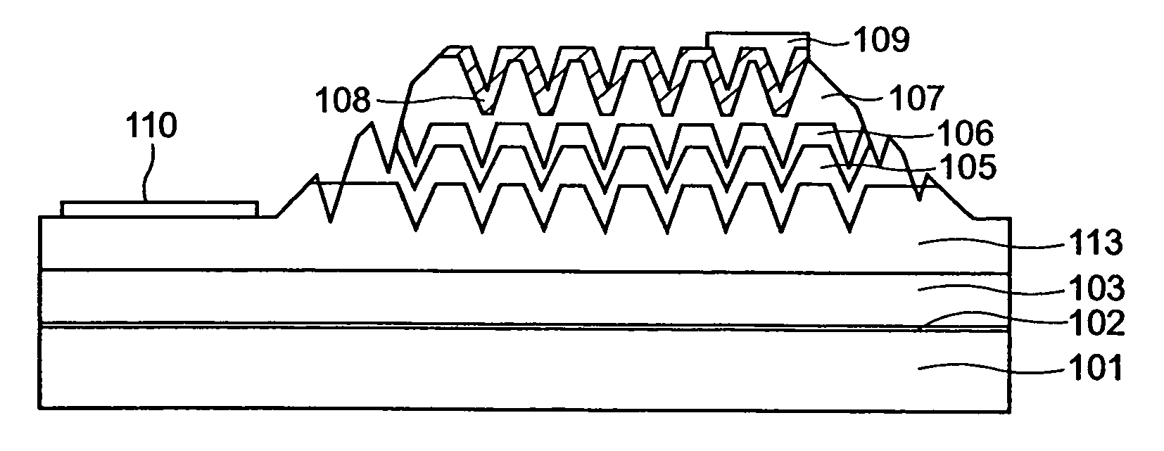 Light emitting diode having surface containing flat portion and plurality of bores