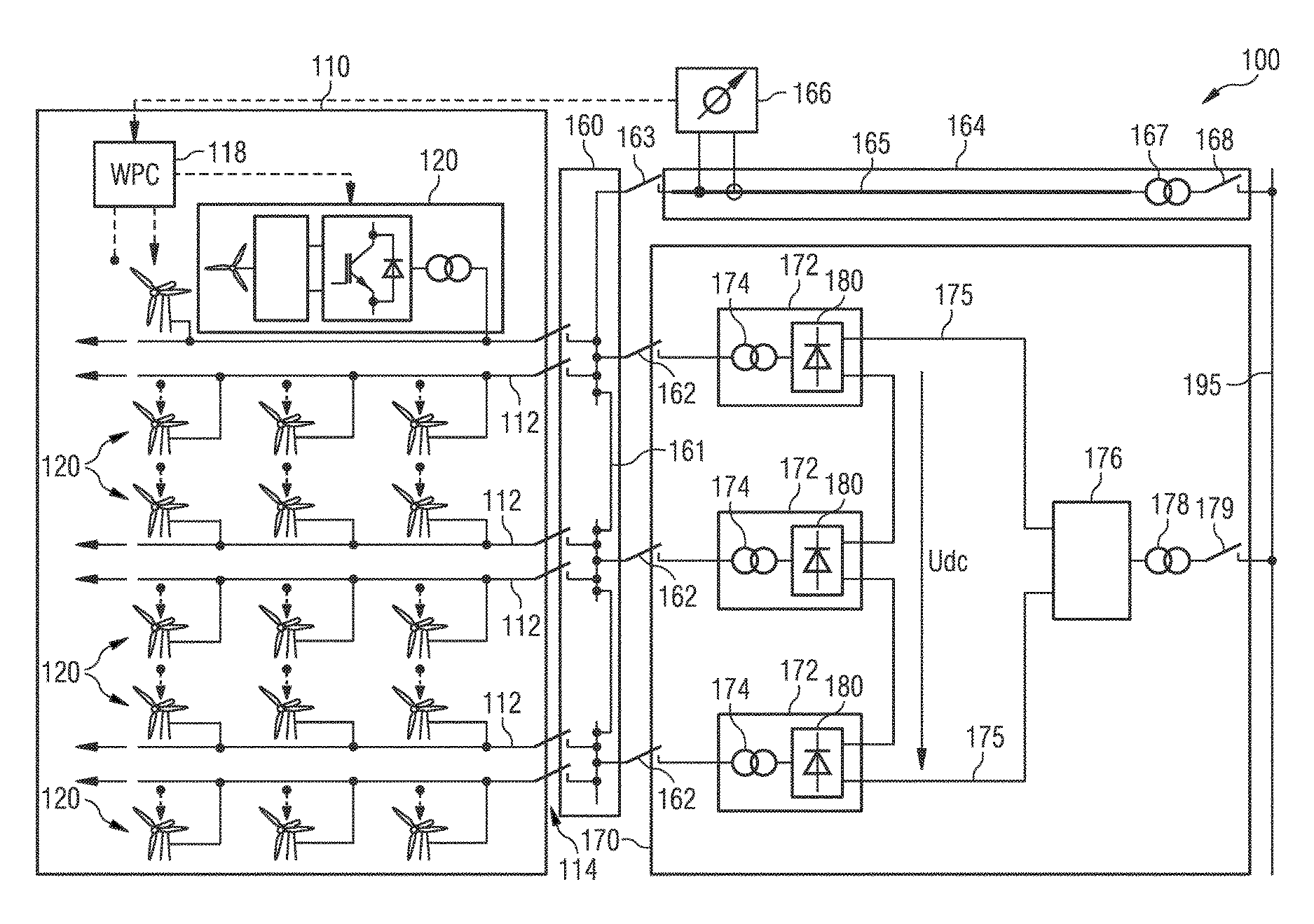 Operating a wind turbine being connected to a utility grid both via a HVDC power connection and via an umbilical ac cable with a network bridge controller performing a power and a voltage control