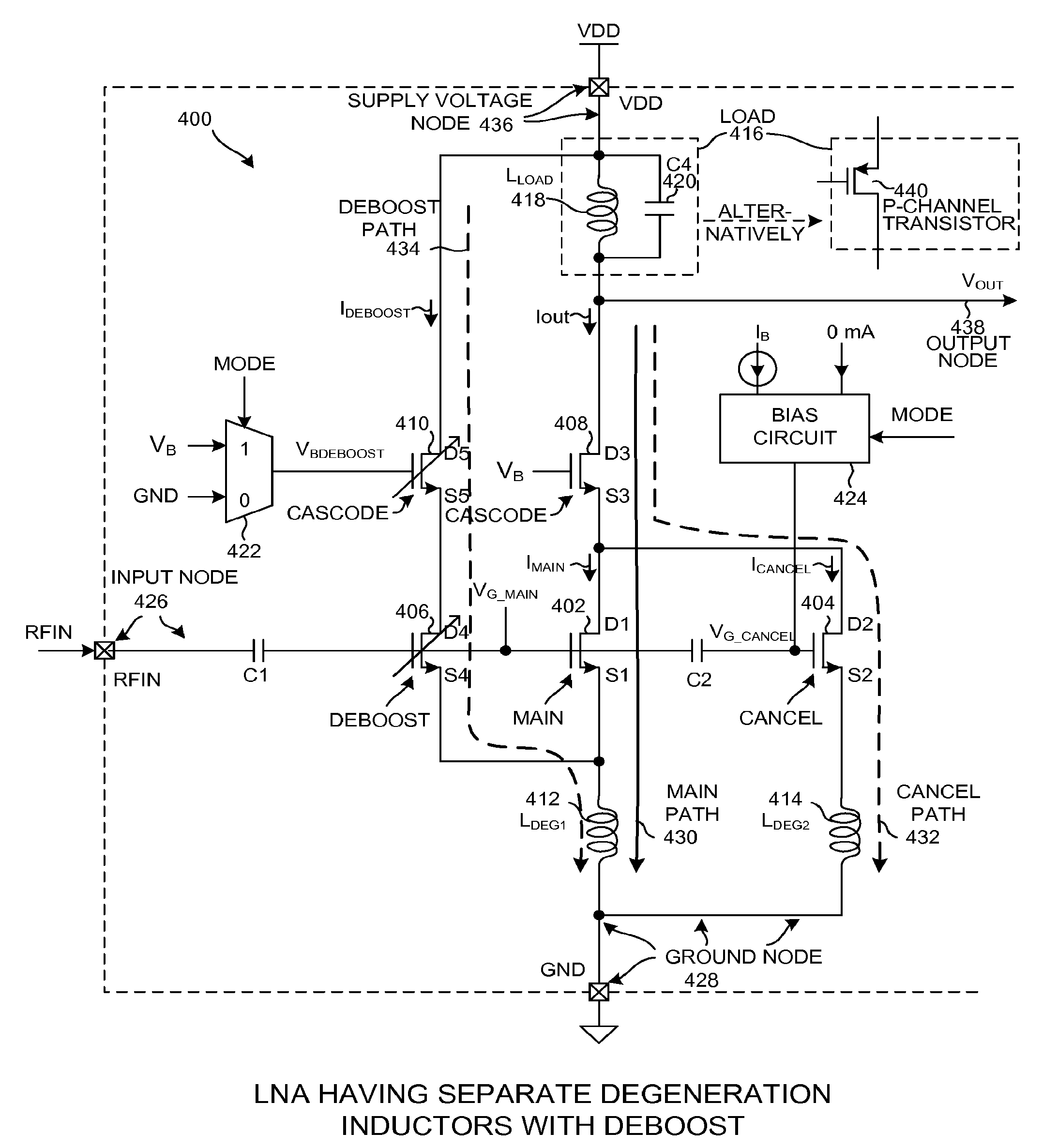 Multi-linearity mode LNA having a deboost current path