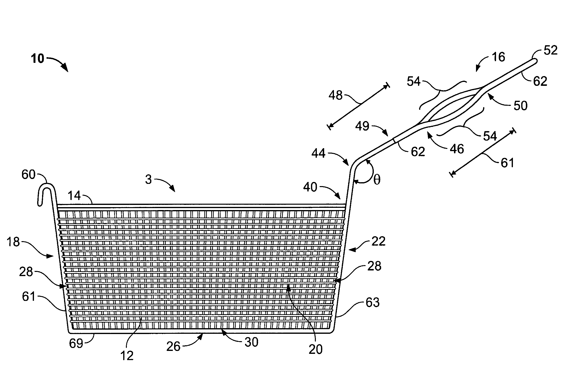 In-frame wire fry basket with ergonomic handle