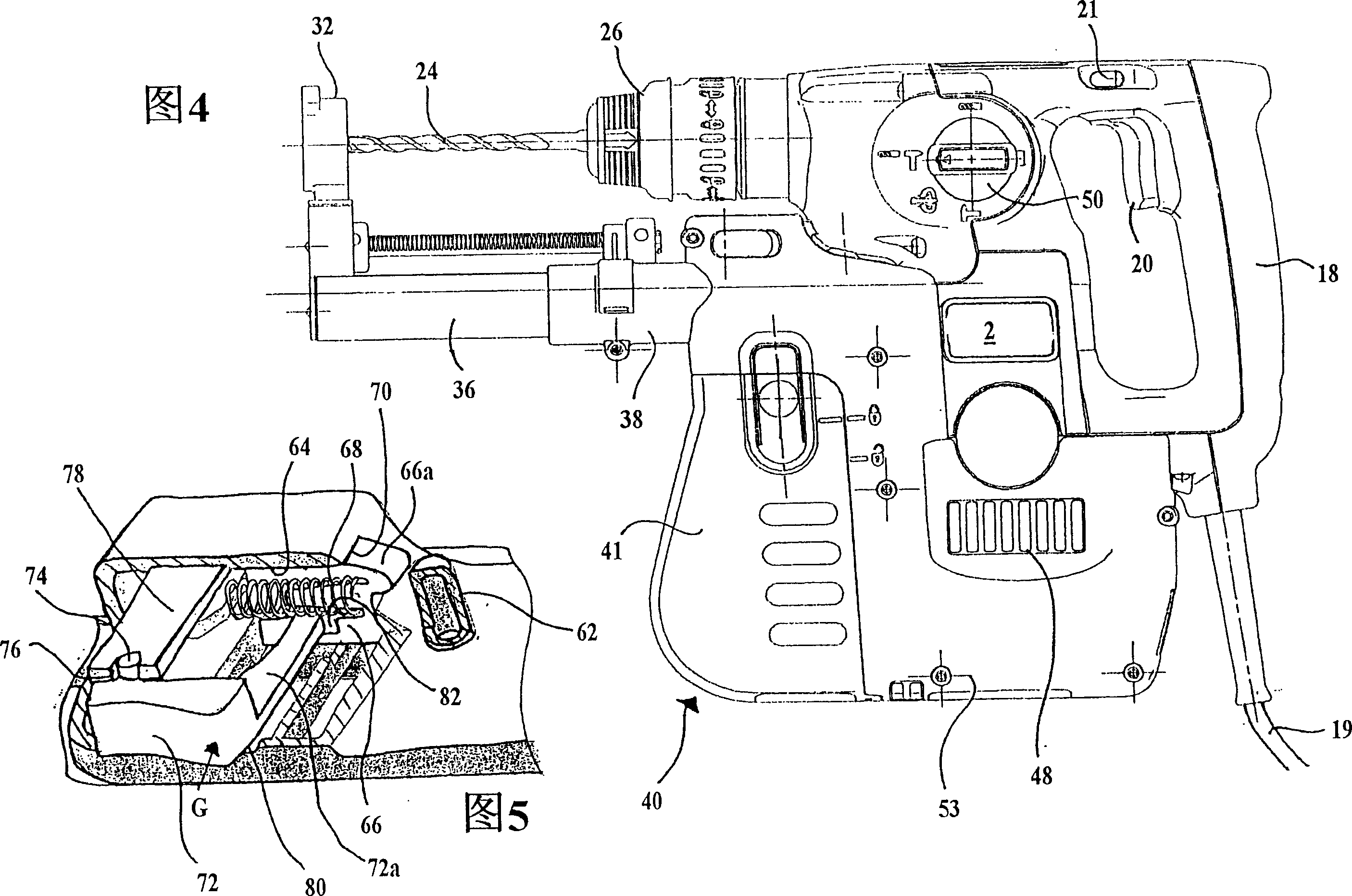 Hand-held drilling and/or hammering device with dust collecting element