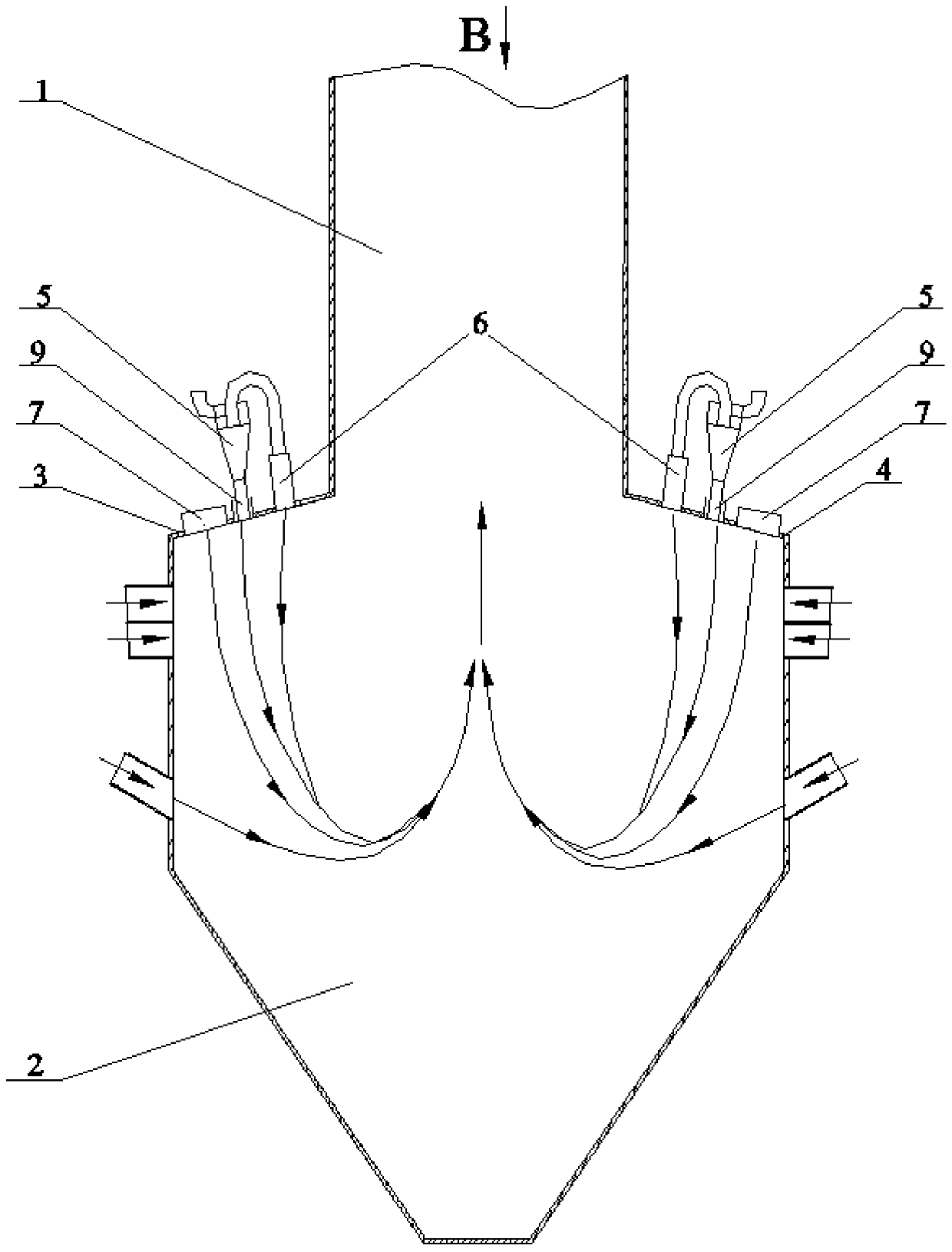 On-arch secondary air and gap type exhaust steam staggered W flame boiler and air distribution method