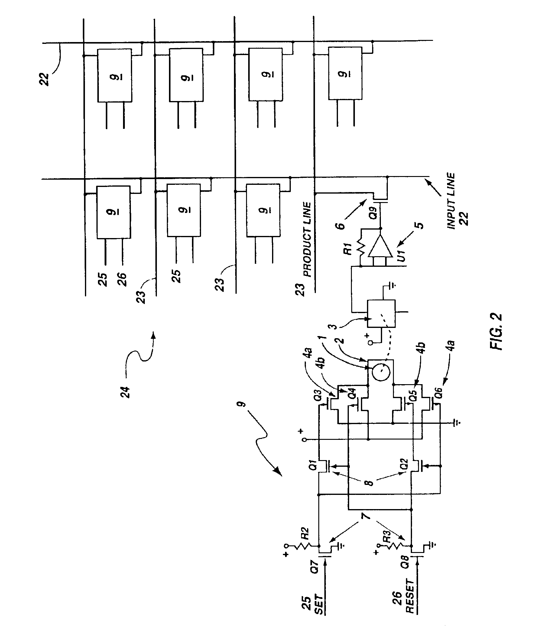 Programmable array logic circuit whose product and input line junctions employ single bit non-volatile ferromagnetic cells