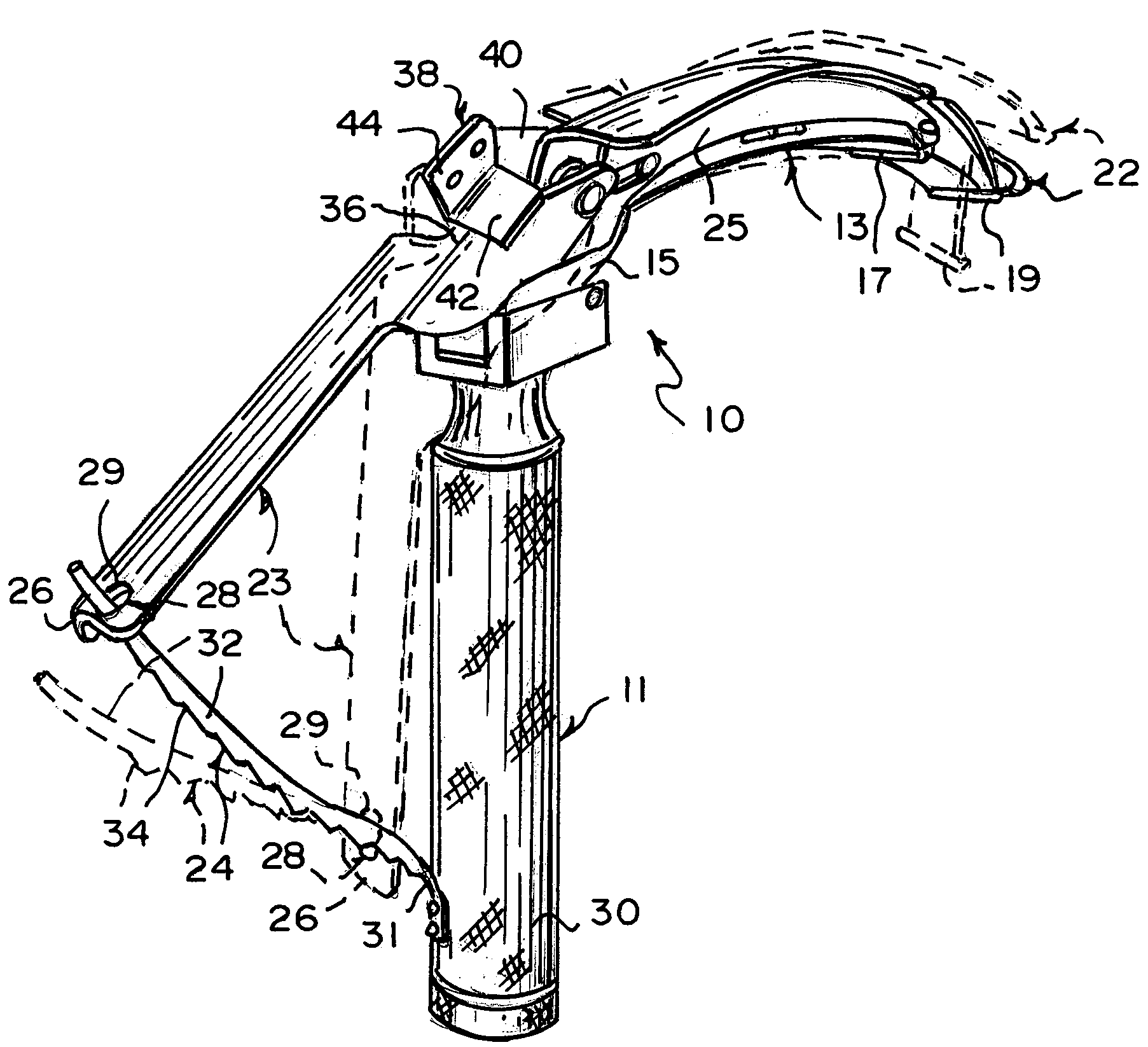 Laryngoscope for simultaneously facilitating the illuminating of a throat pathway and inserting an intubation tube