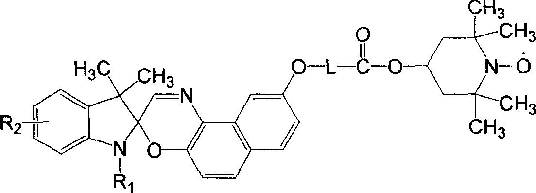 Double functional photochromism compound with stable nitrogen-oxygen free radical group and spiro oxazinyl and synthetic method and use thereof