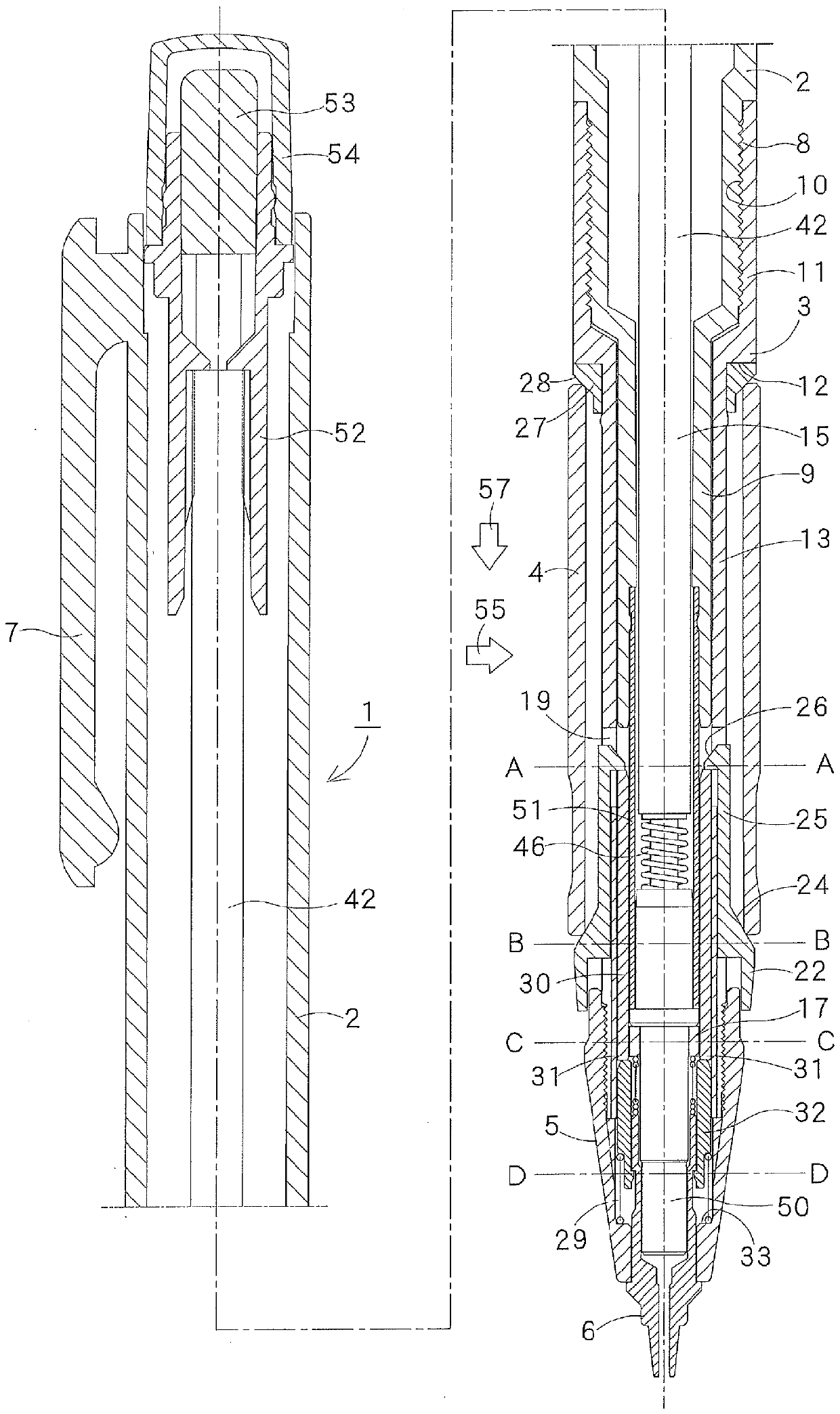 Writing tool with core breakage preventing function