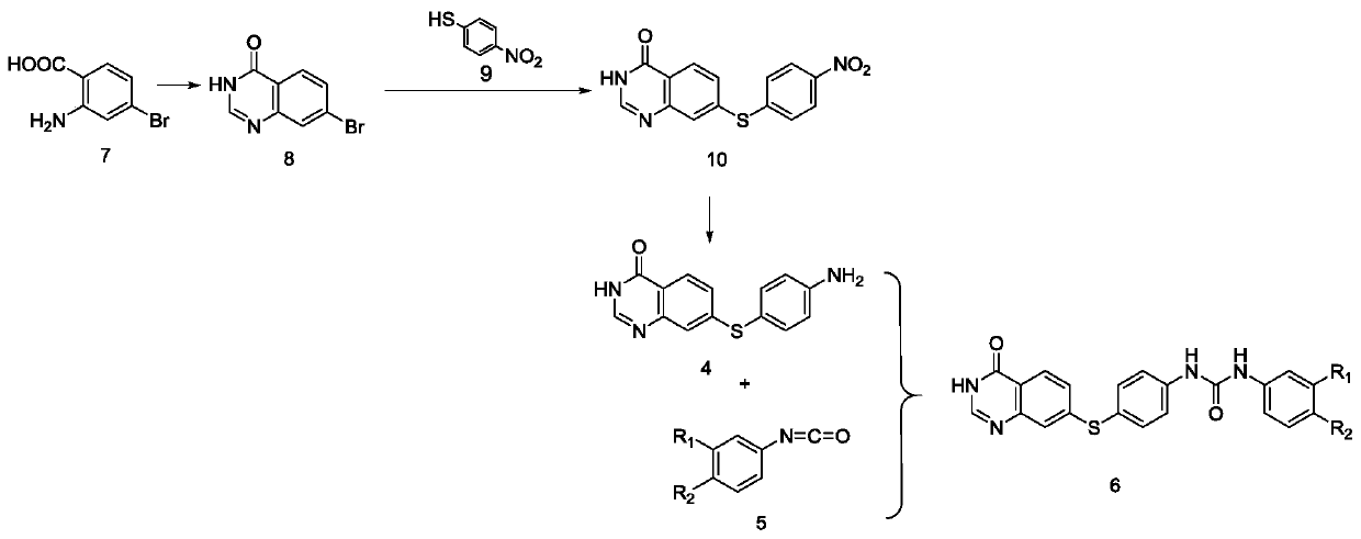 Diaryl urea compounds containing quinazolinone and preparation method and application thereof