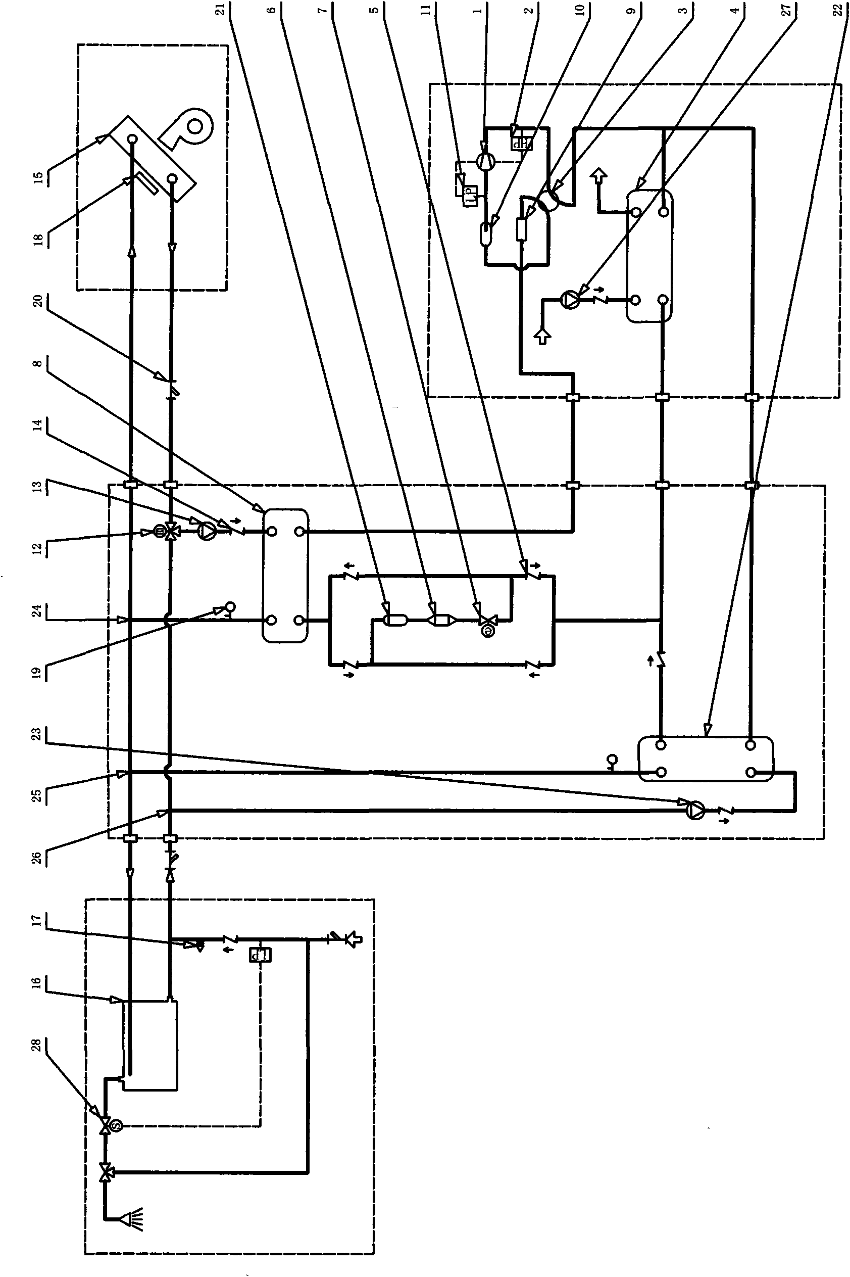 Water source heating-air conditioning-hot water three-way set