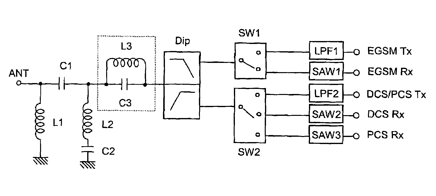 Bypass filter, multi-band antenna switch circuit, and layered module composite part and communication device using them