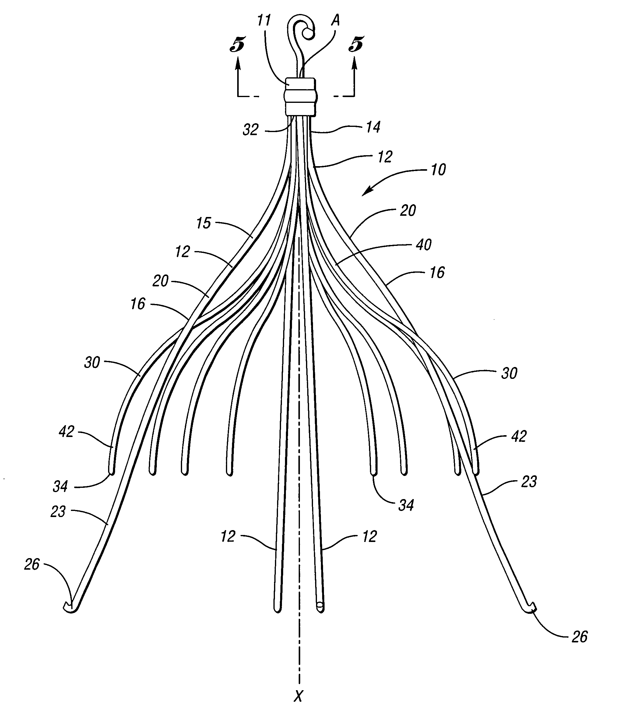 Removable vena cava filter having inwardly positioned anchoring hooks in collapsed configuration