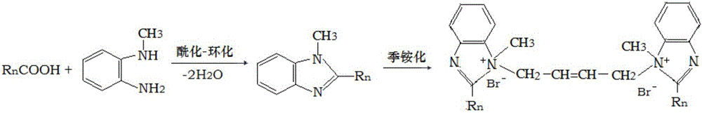 Mixed fatty group di(benzimidazoline-ammonium-salt) as well as preparation method and application thereof