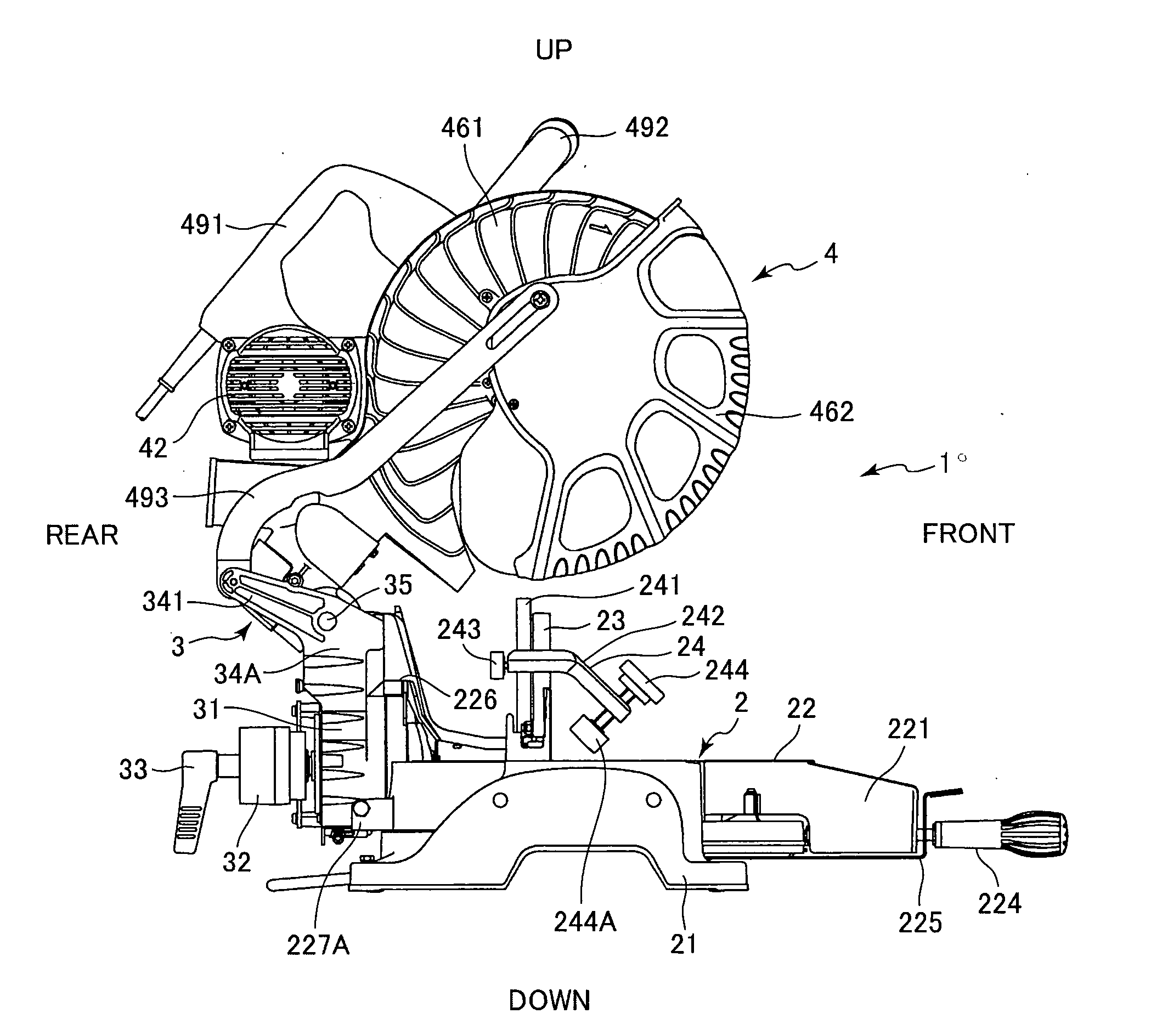 Miter saw having compact gear case at cutting portion