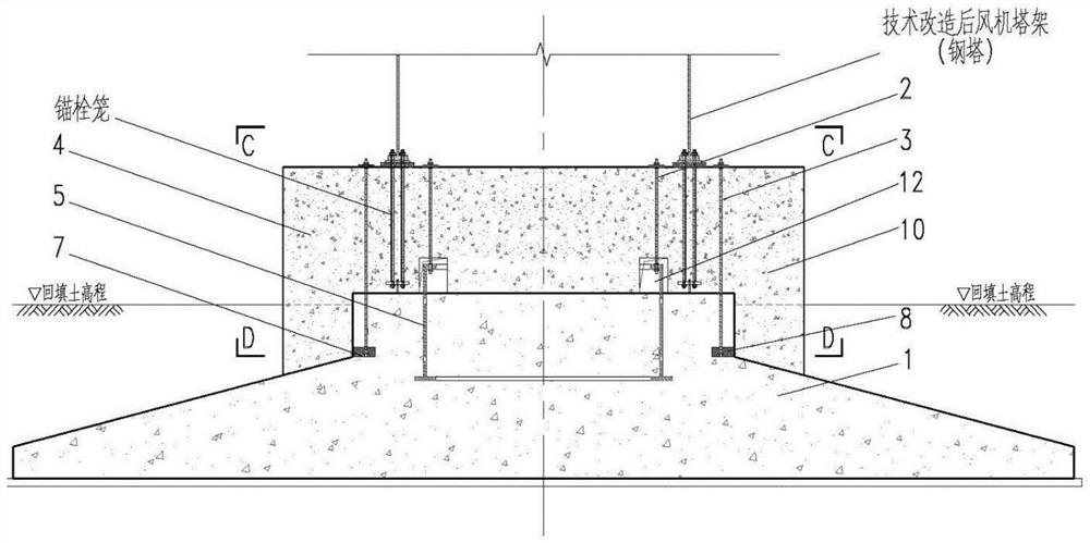 Transformation method suitable for built old wind power plant fan foundation and application