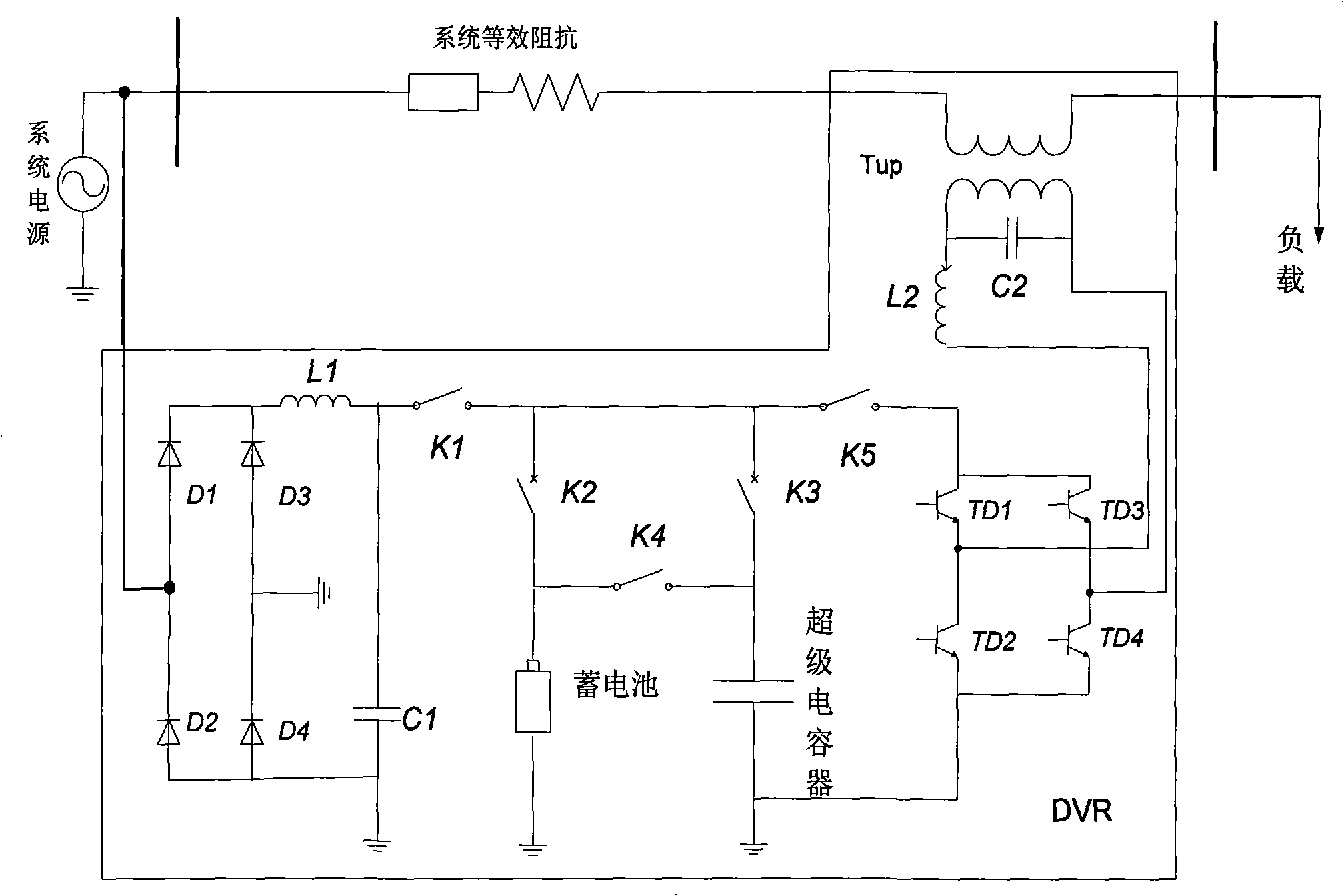 Super capacitor and accumulator hybrid energy-storing series type dynamic voltage restorer