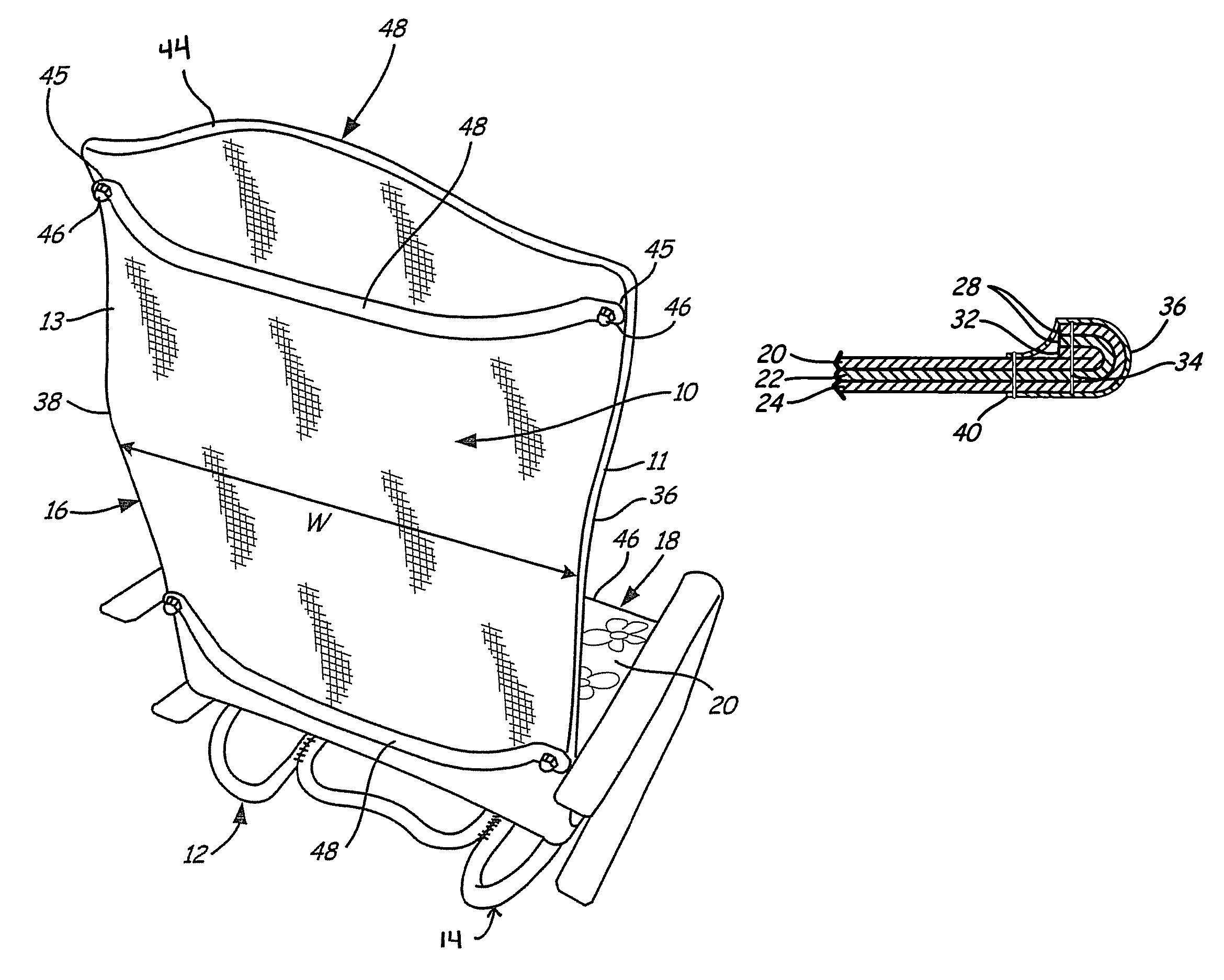 Sling chair construction having non-weight bearing material and method of constructing same