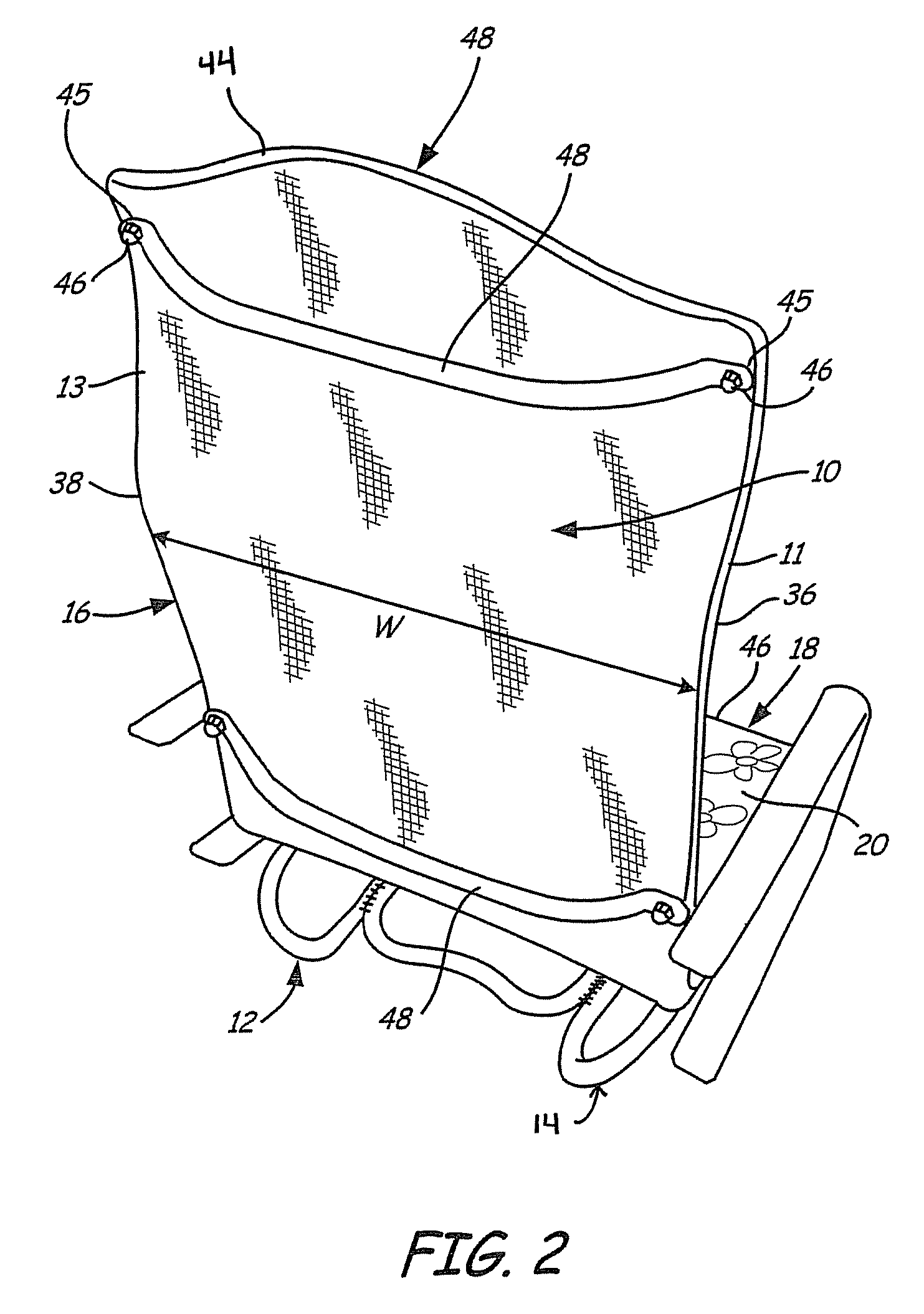 Sling chair construction having non-weight bearing material and method of constructing same