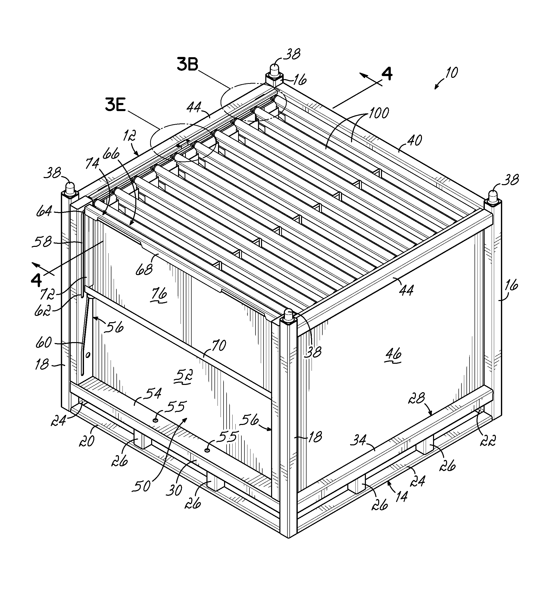 Container having door assembly and multiple layers of tracks