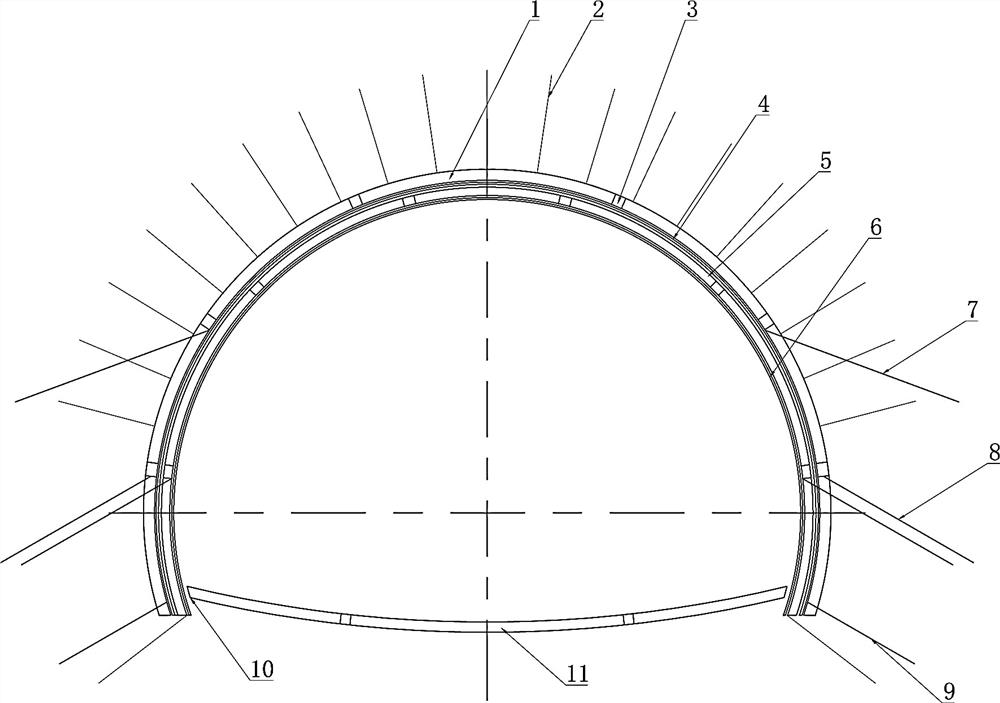 Large-deformation tunnel body supporting structure of soft rock tunnel in wrinkled area and construction method of large-deformation tunnel body supporting structure