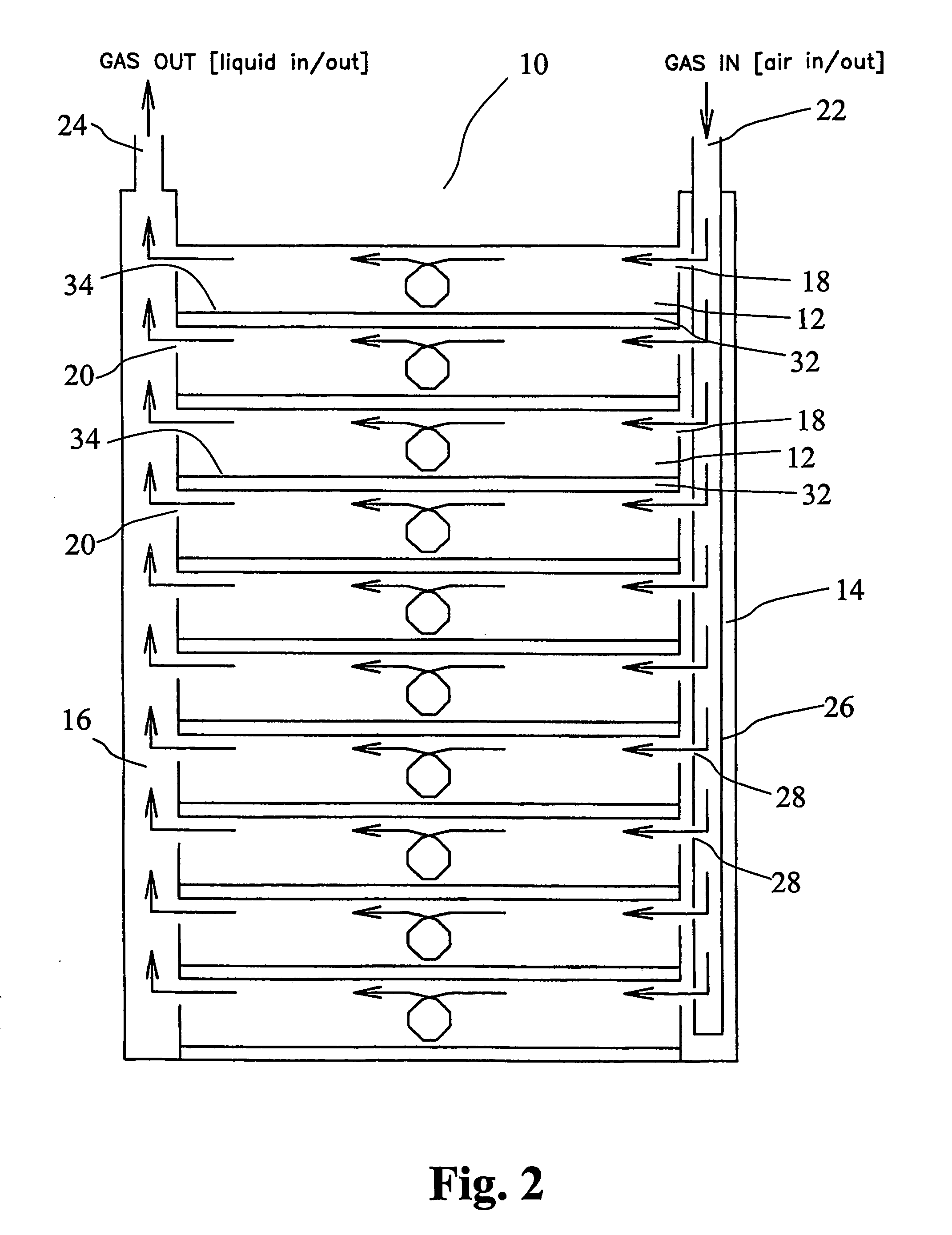 Tray stack adapted for active gassing