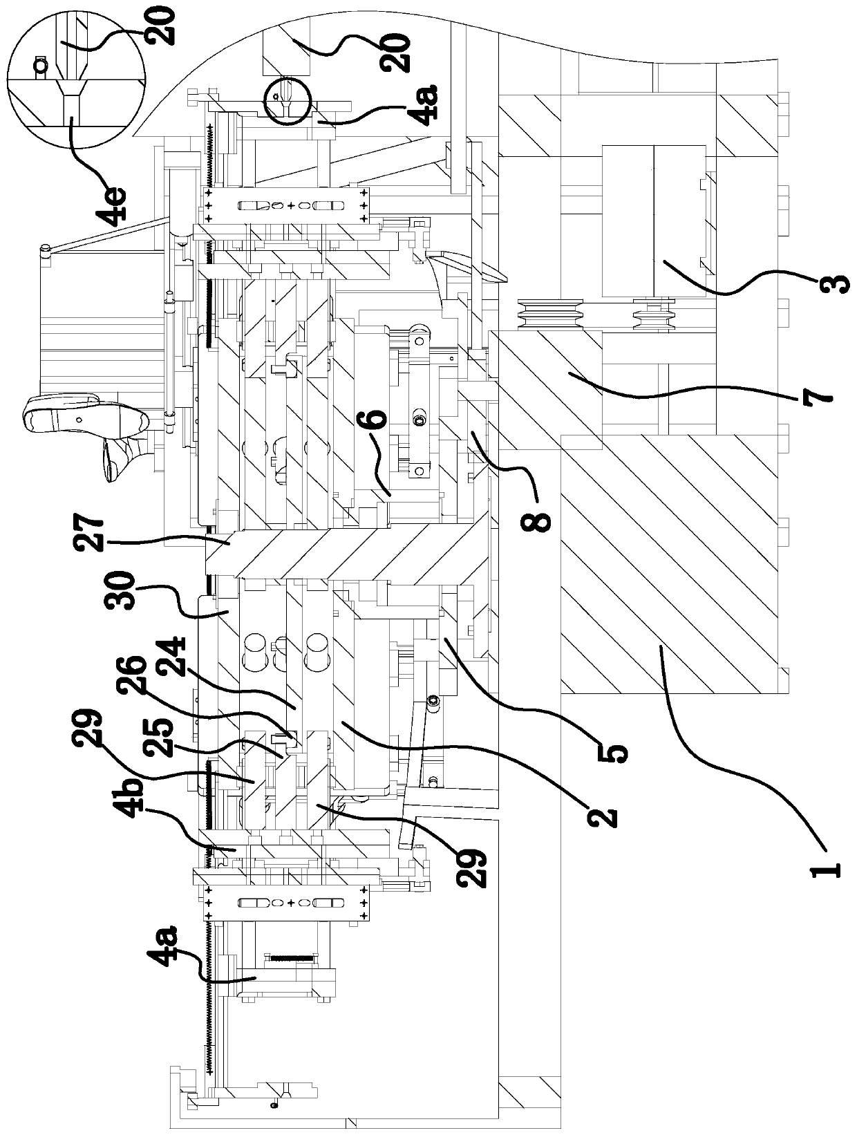 An injection mold opening and closing control mechanism in shoe molding equipment