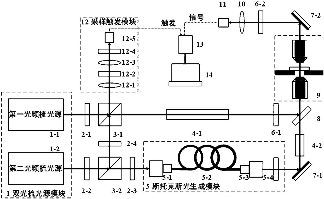 Dual-optical frequency comb spectrum focusing coherent anti-stokes Raman scattering detection system