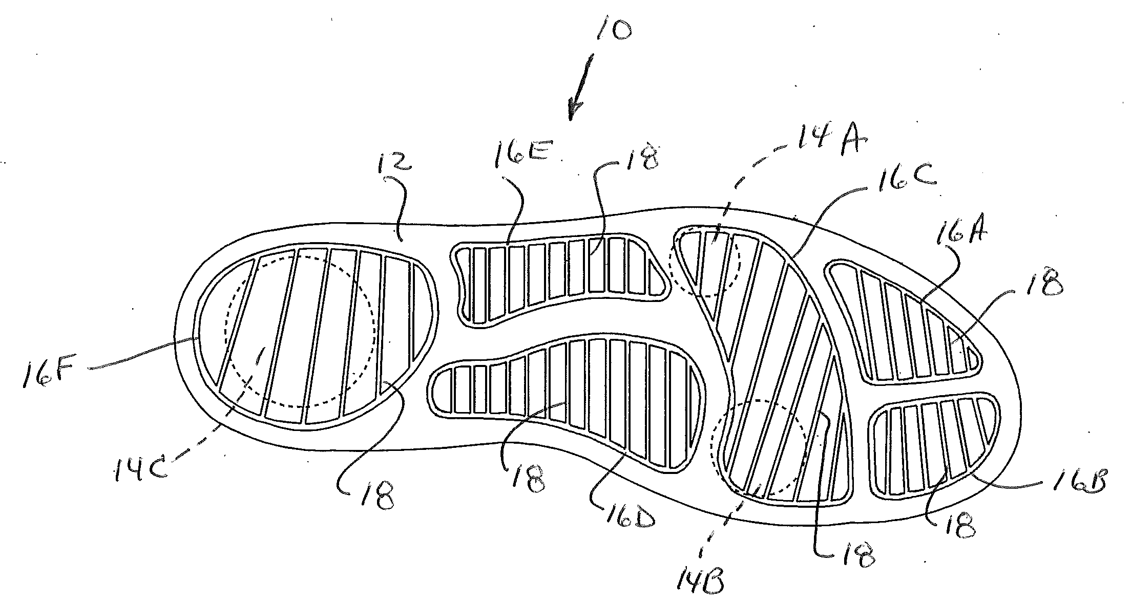 Outsole with pods and grooves