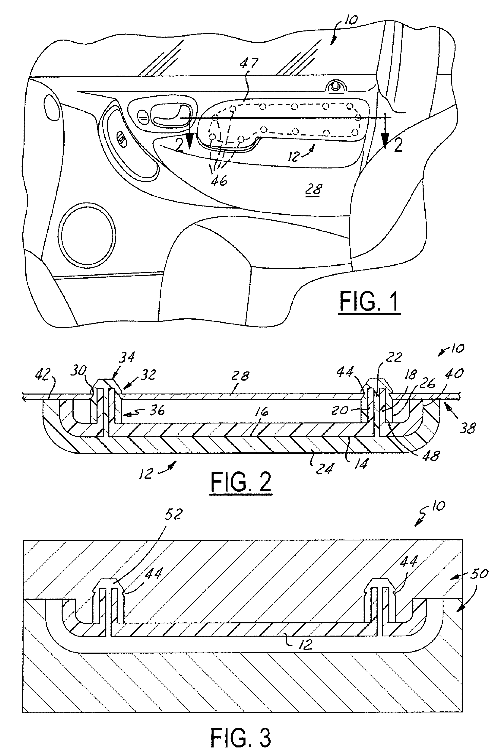 Self sealing heat stake on an overmolded panel