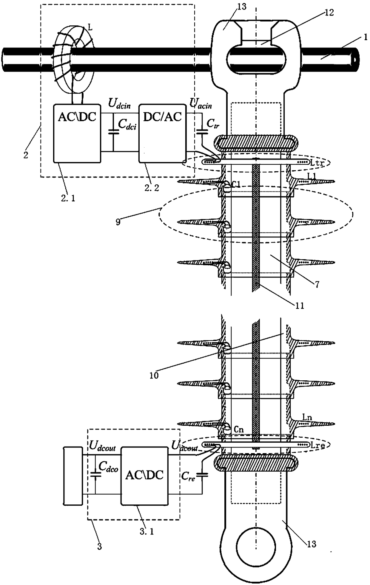 Resonant insulator string new structure-based efficient wireless electric energy transmission system