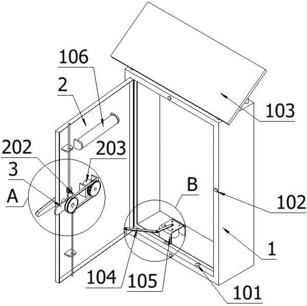 Outdoor power distribution box with automatic door closing device