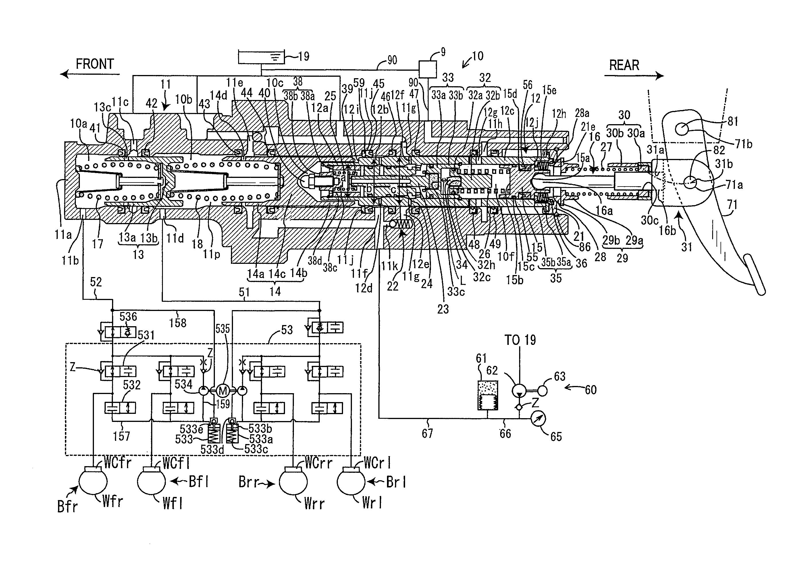 Brake system for vehicle designed to produce braking force in case of loss of electric power