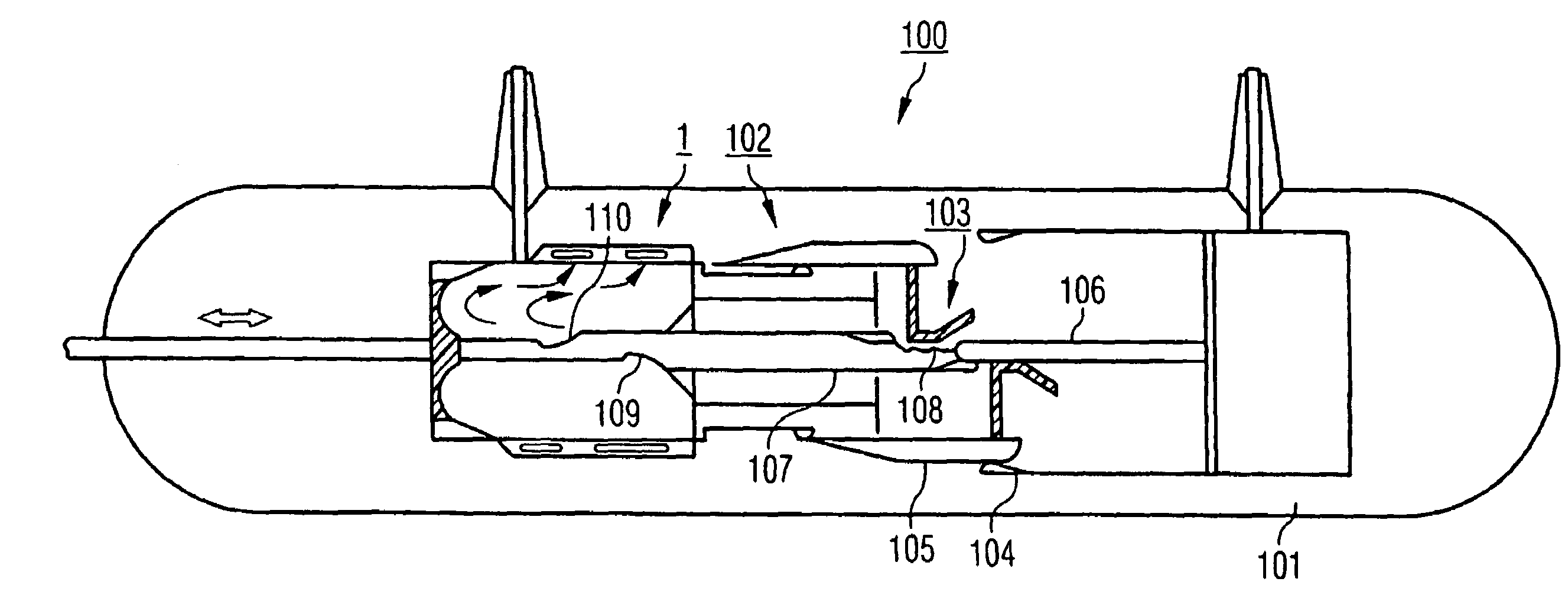 Power switch with a mobile contact element and extinction gas flow that move in an axial direction when activated