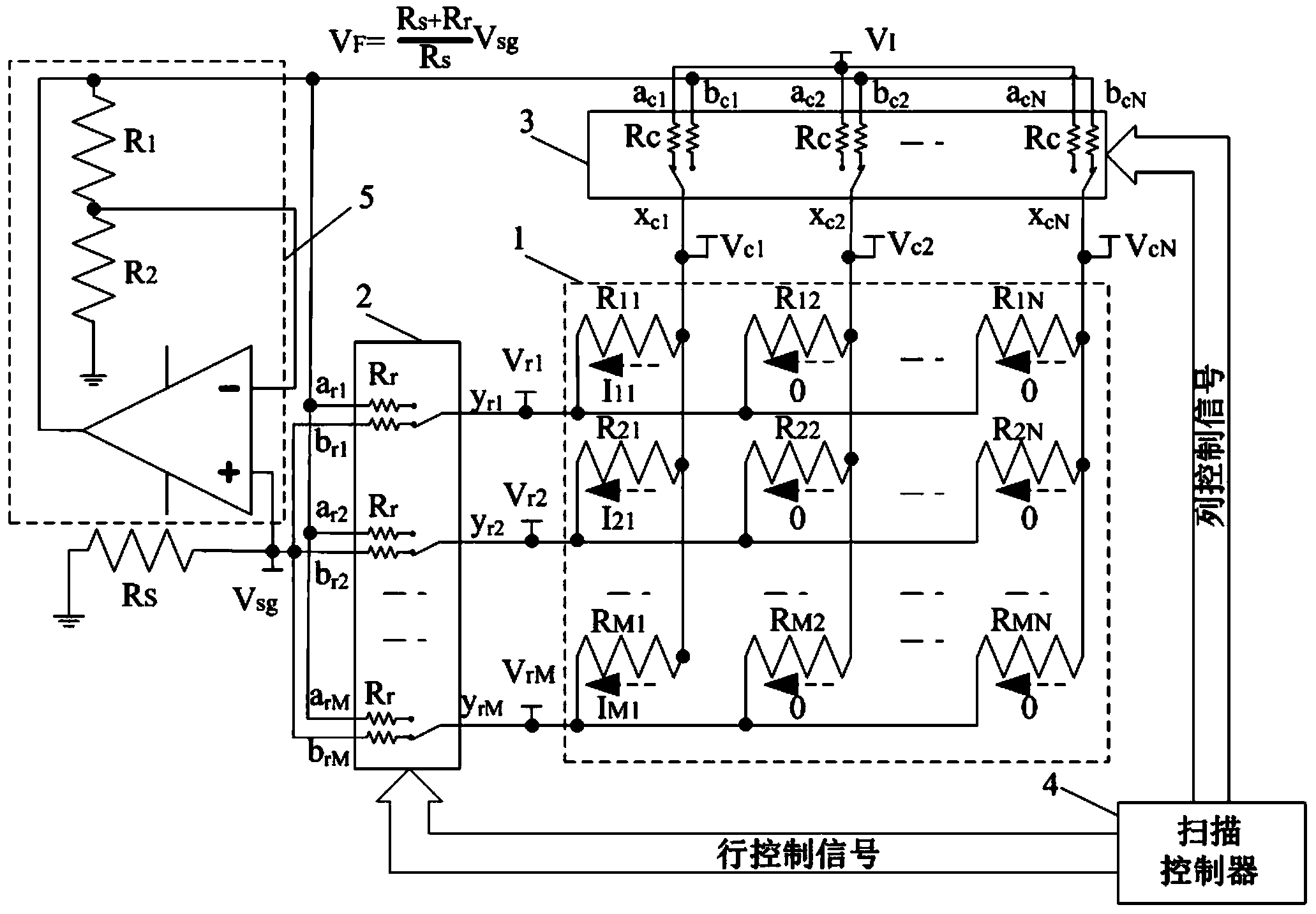 Detection circuit of resistance sensing array strengthening voltage feedback