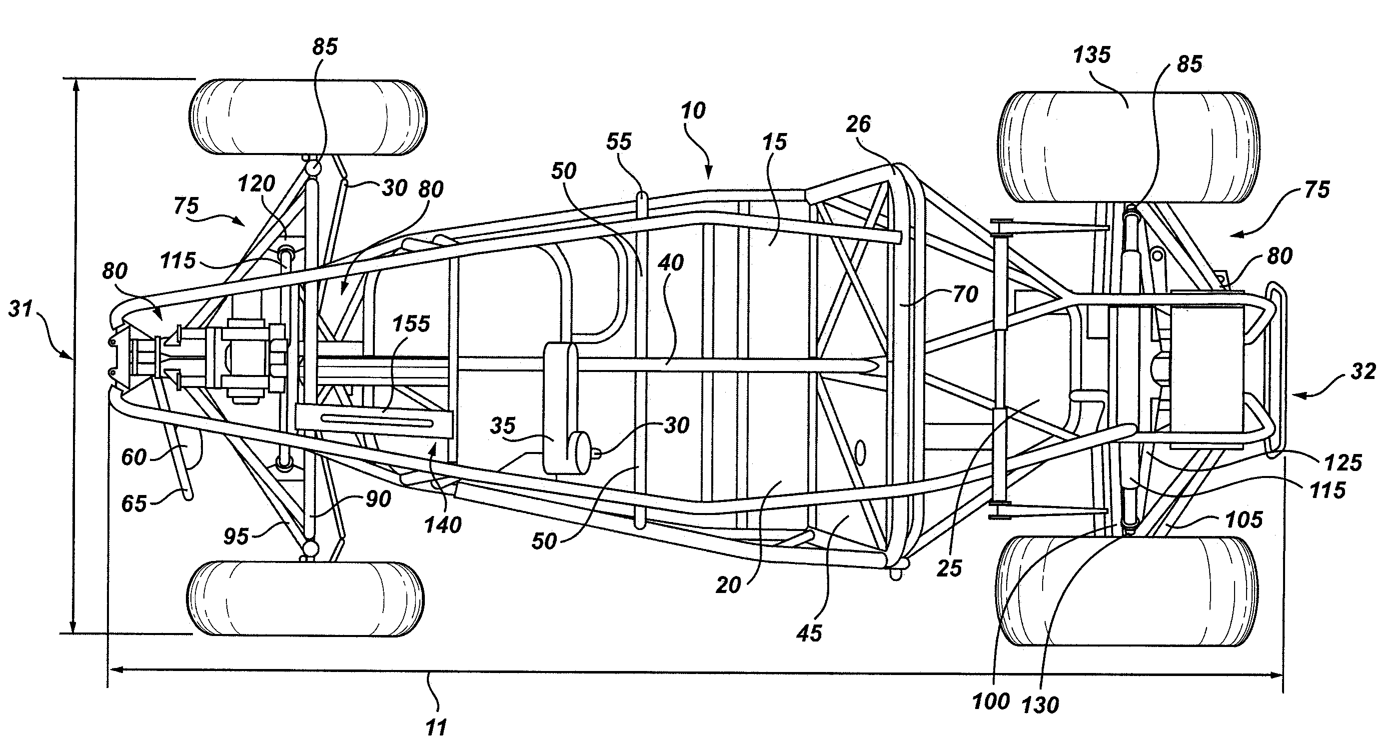 All terrain vehicle swept A-frame suspension and central support truss