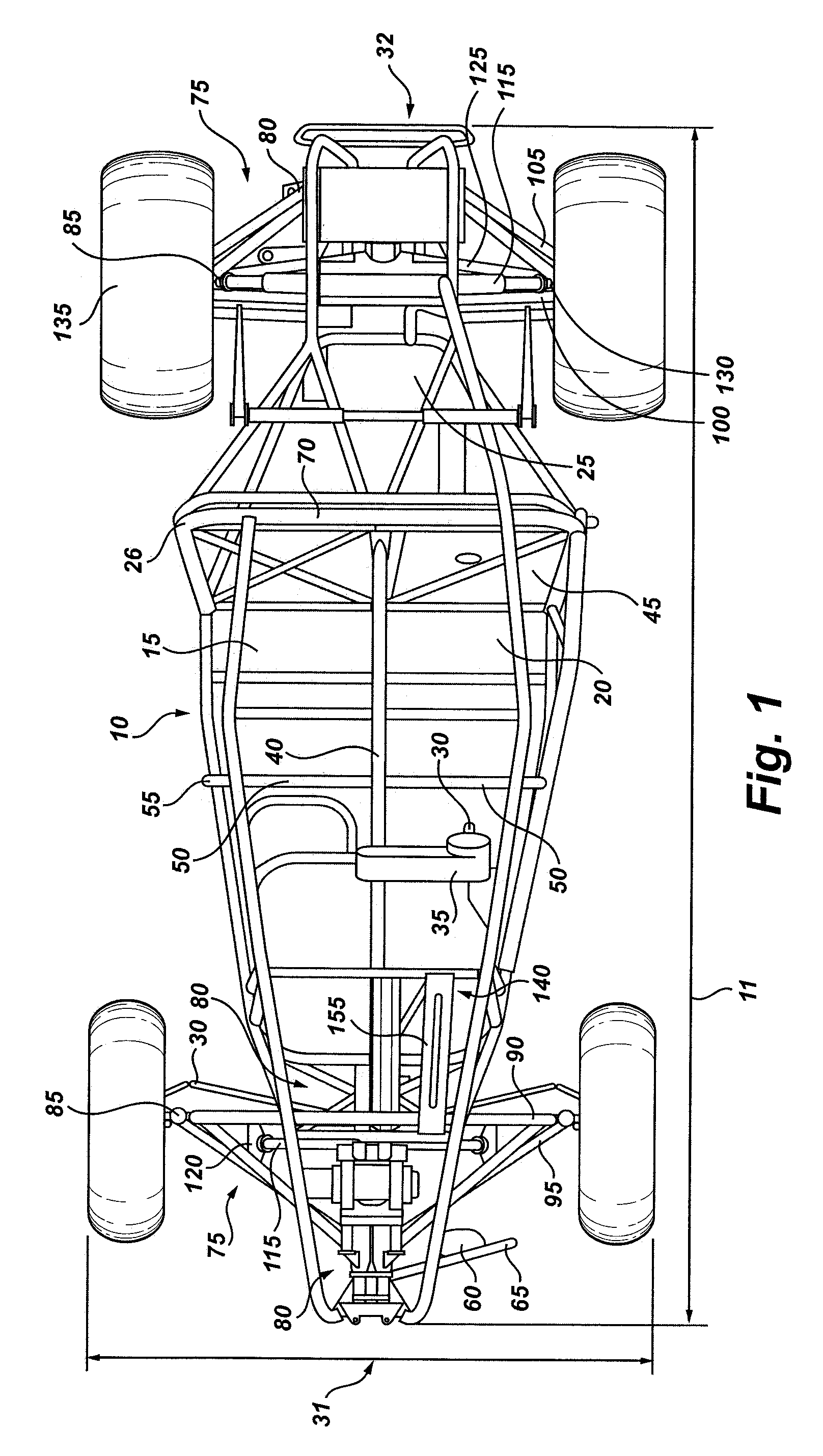 All terrain vehicle swept A-frame suspension and central support truss