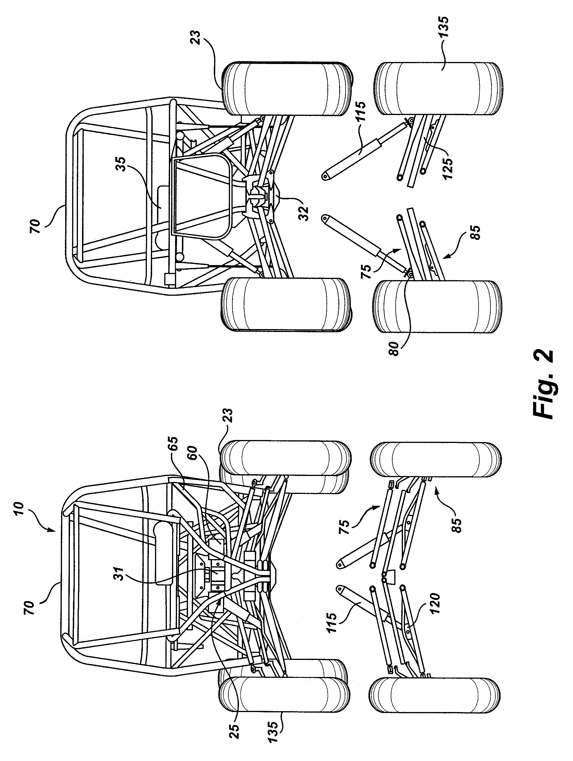 All terrain vehicle swept A-frame suspension and central support truss