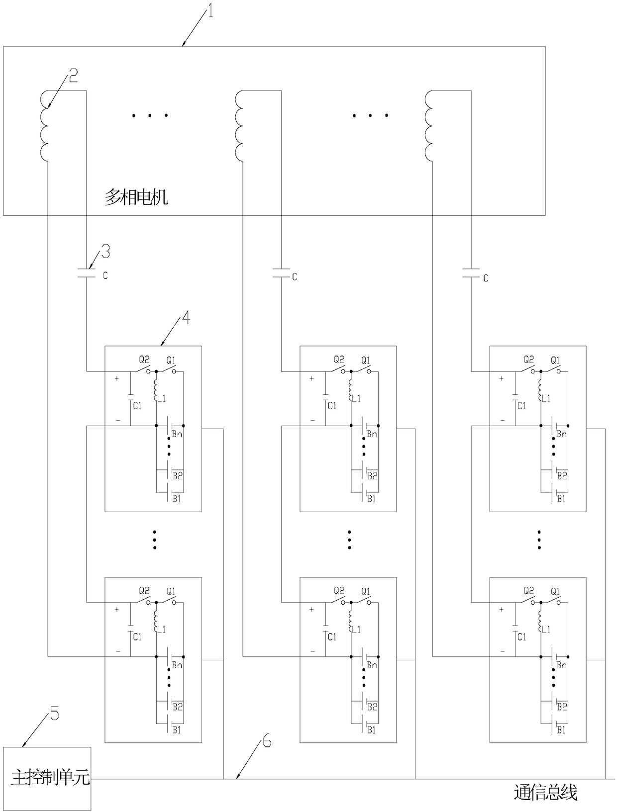 Distributed battery winding independent power supply multi-phase motor driving system and method